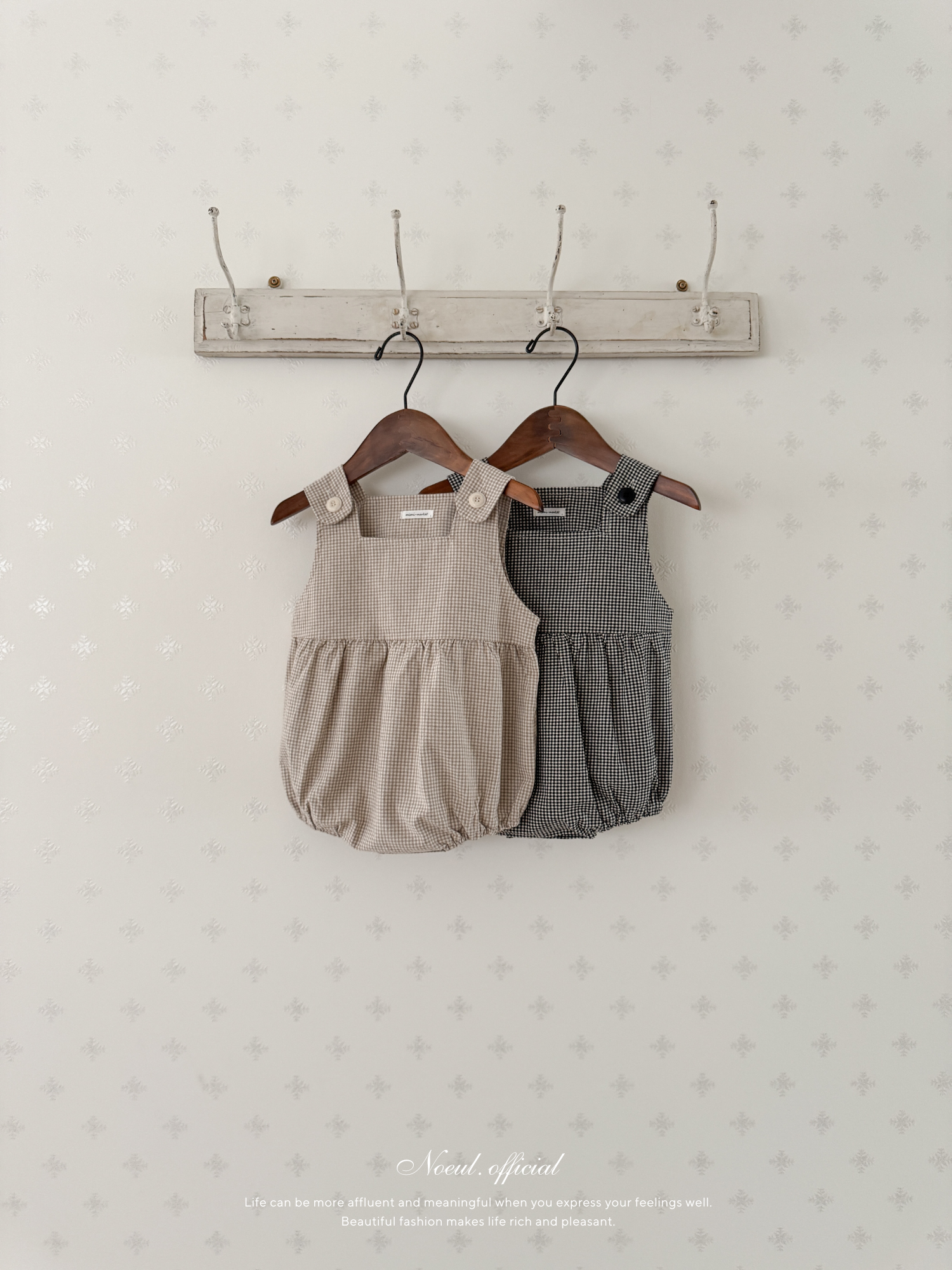 Mini check suspender rompers