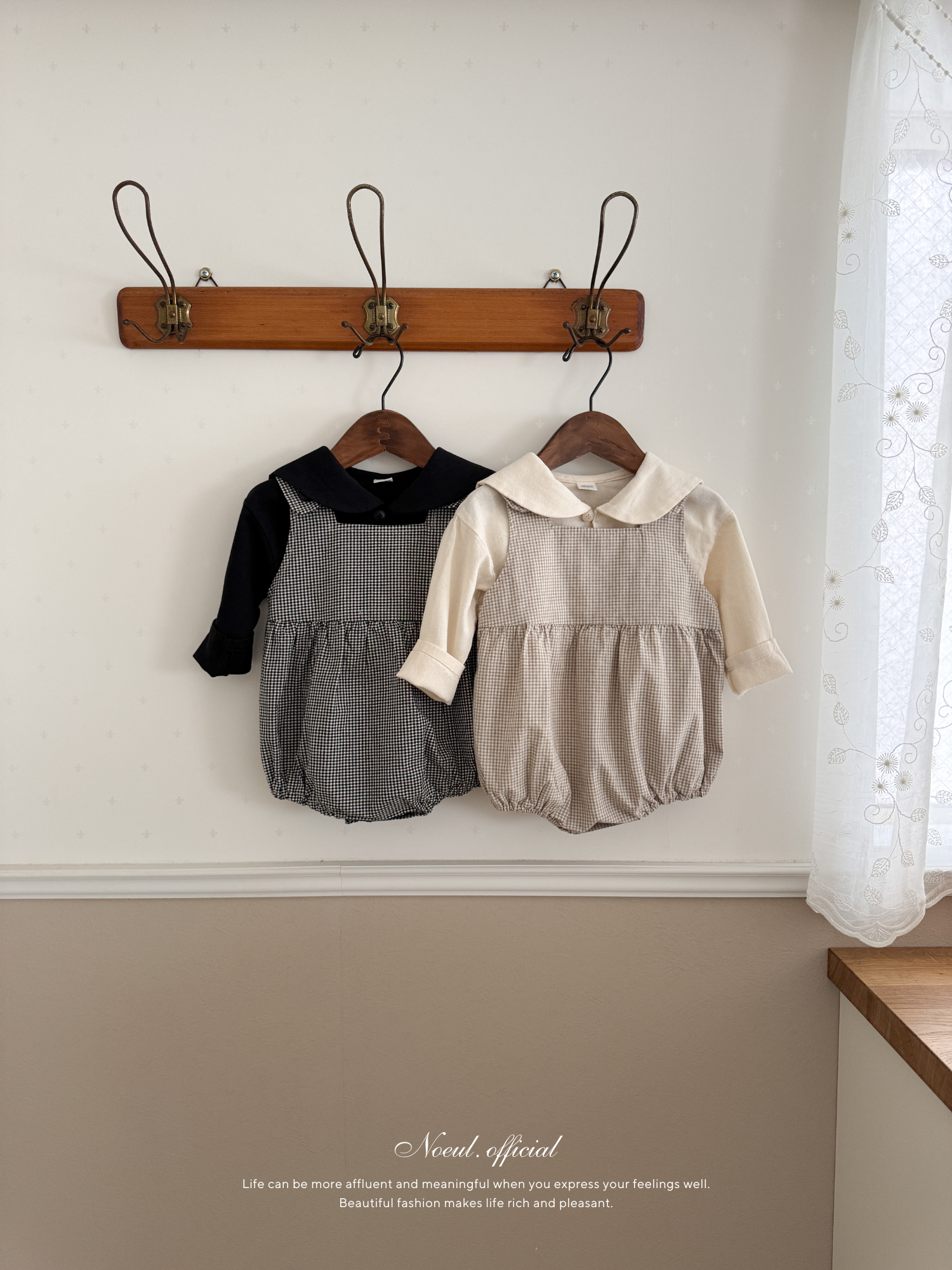 Mini check suspender rompers
