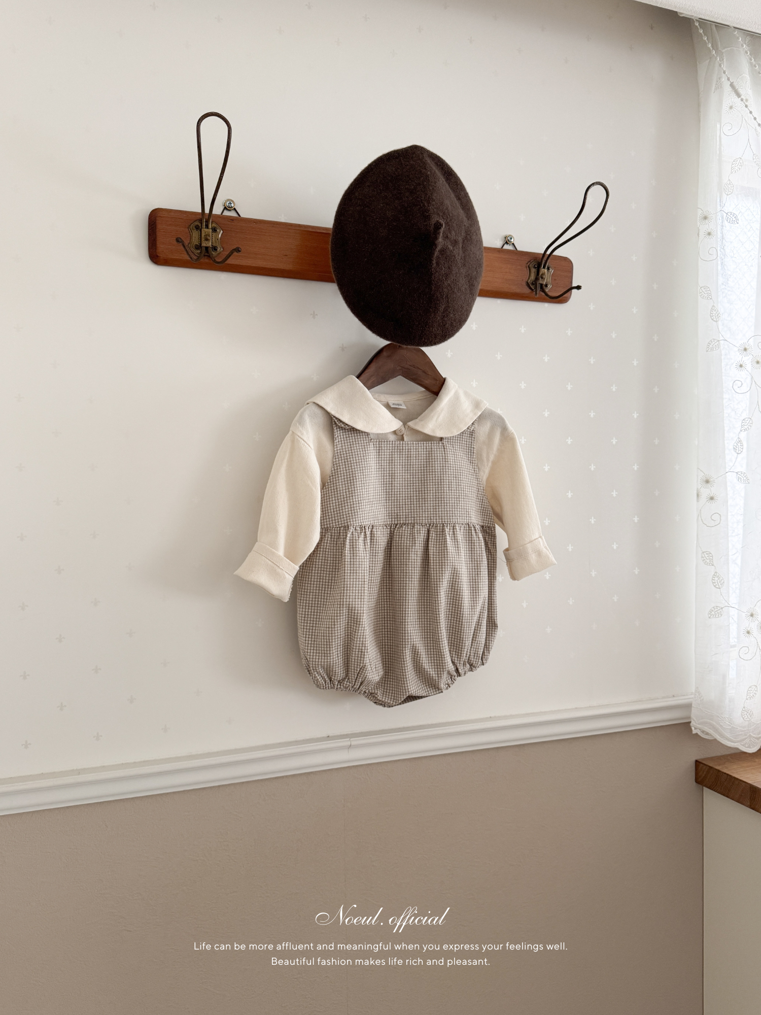 Mini check suspender rompers