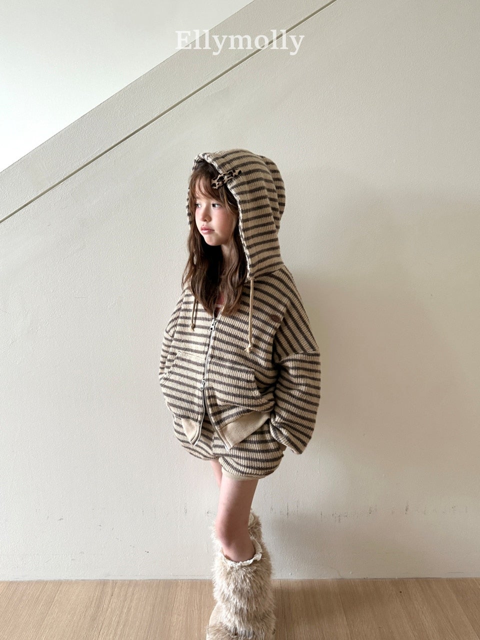 ［ELLY MOLLY］Wooly stripe hood jumper