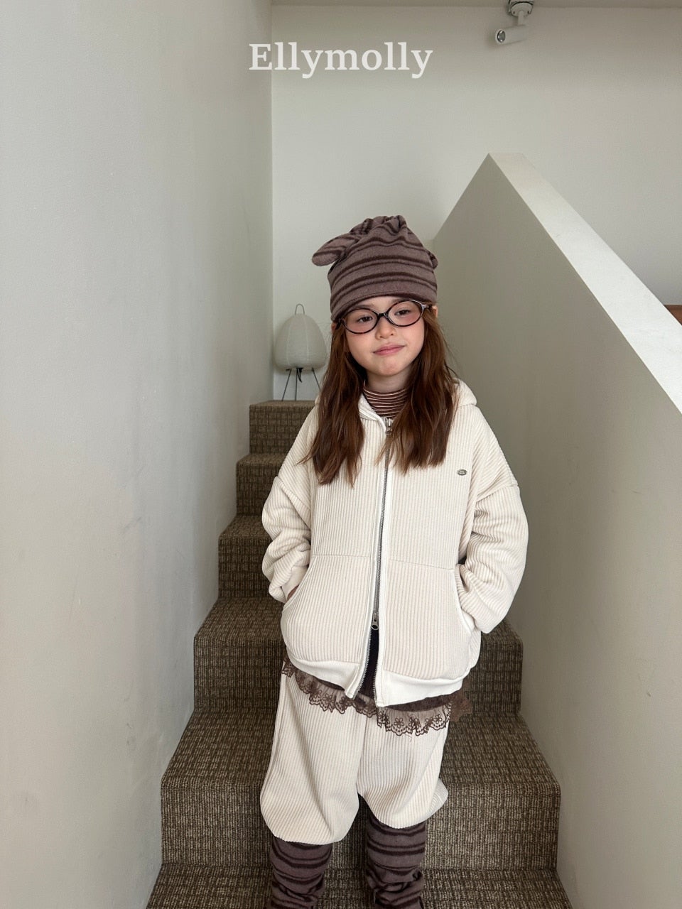 ［ELLY MOLLY］Cozy rib hood zip-up