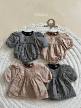 ［thelala］Check embroidery rompers