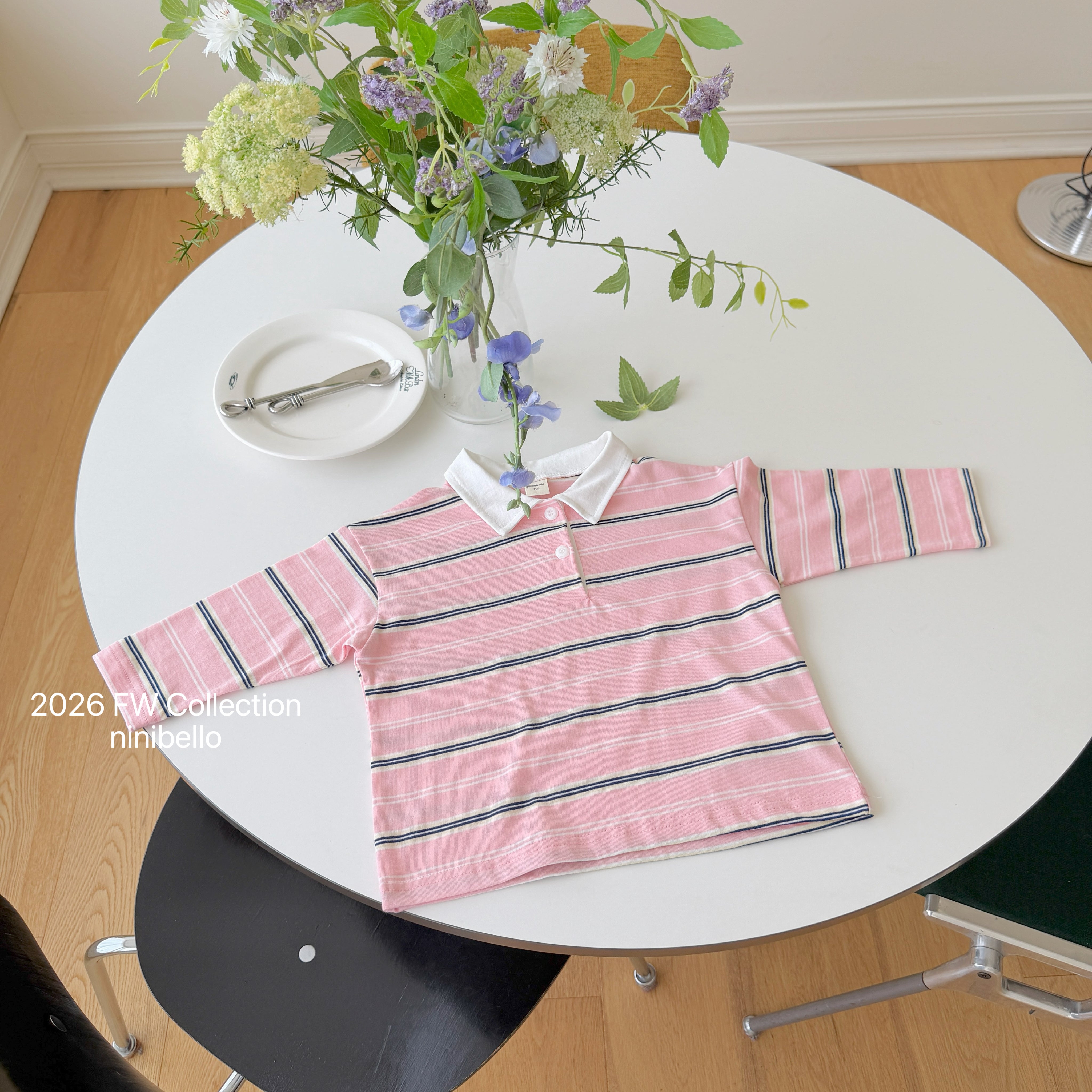 ［ninibello］Milky stripe collar tee (adult)