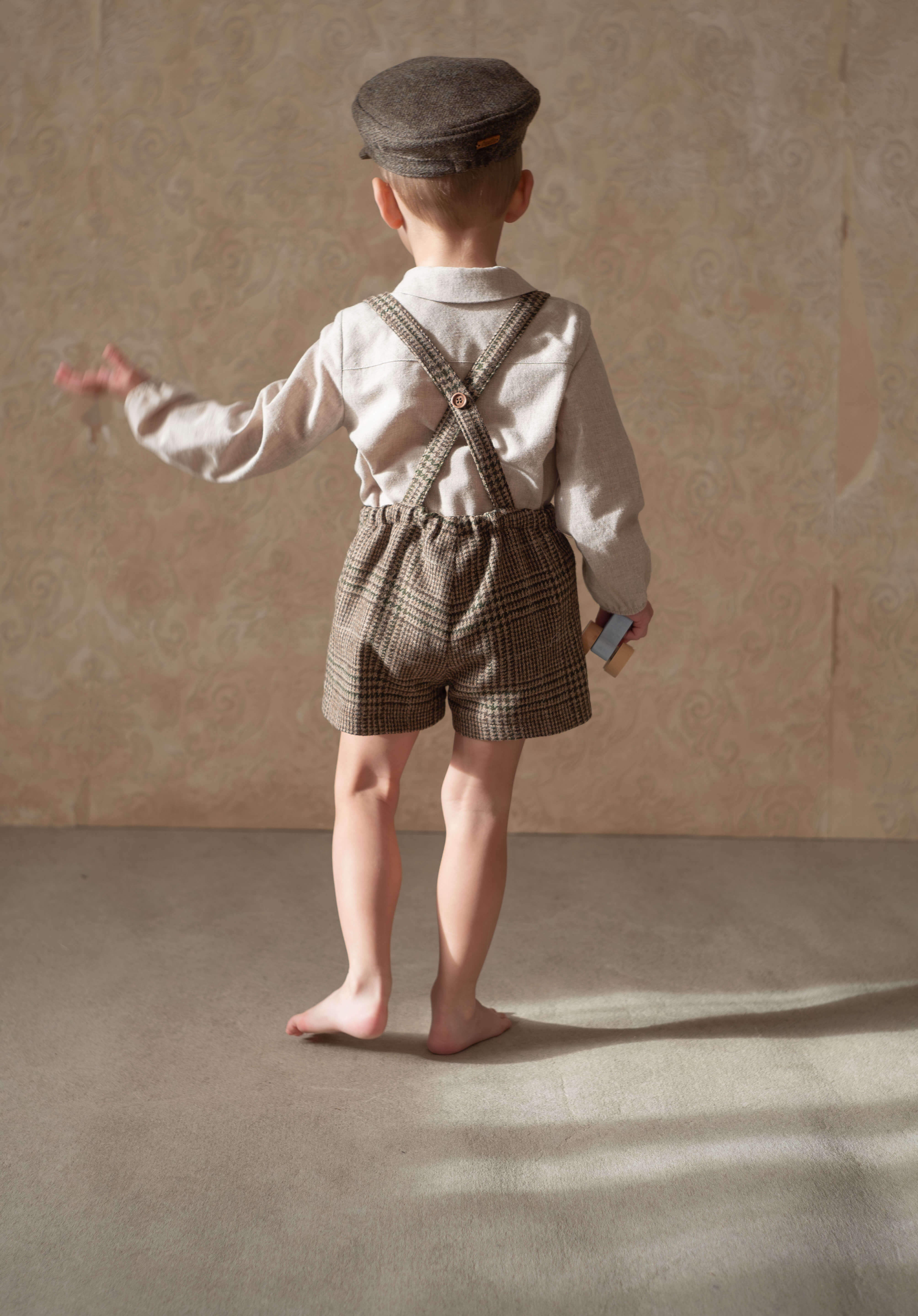 ［Popelin］Woollen short romper suit with pockets / Mod.7.5 Brown plaid