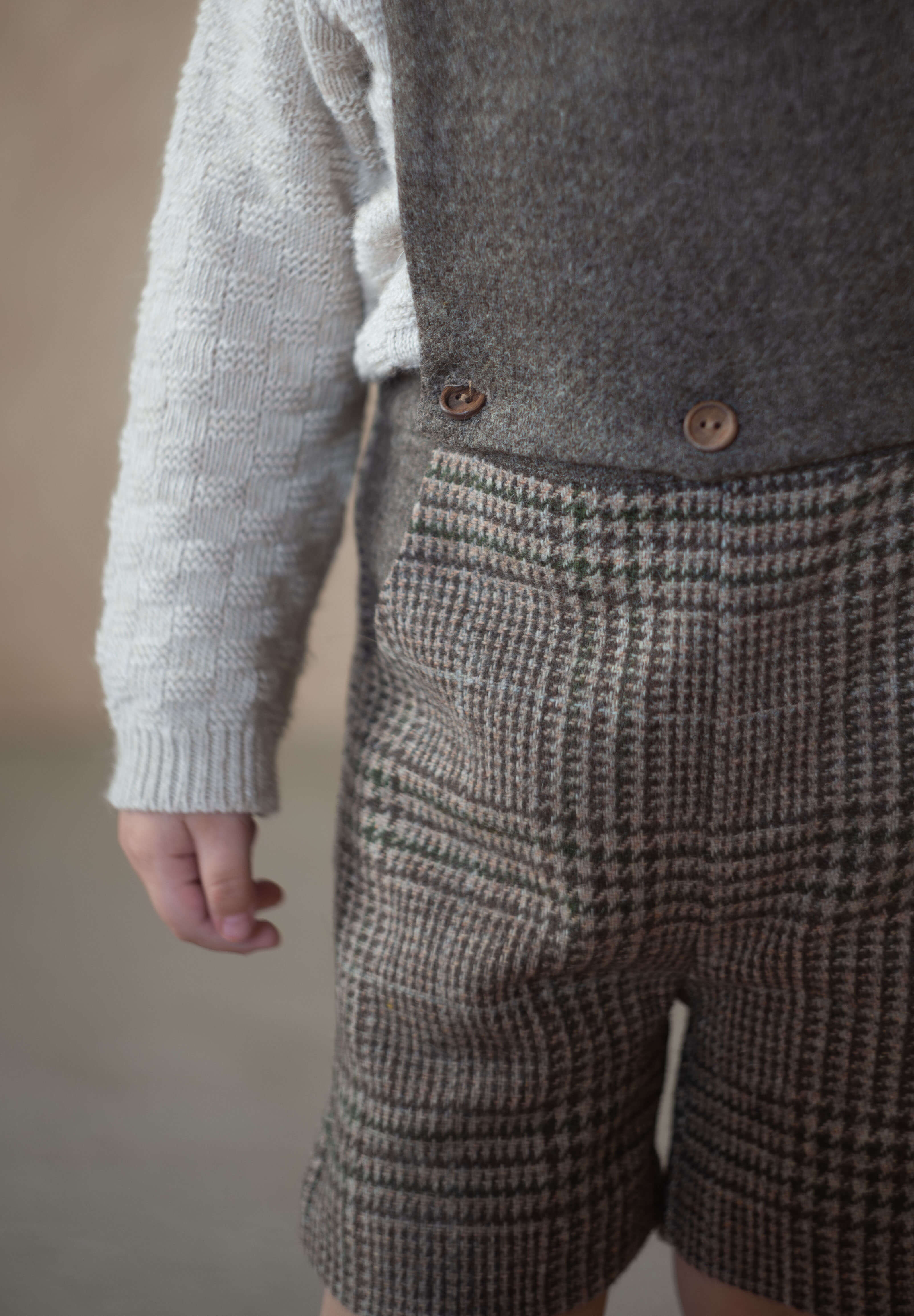 ［Popelin］Plaid woollen long romper suit with straps / Mod.8.1 Brown