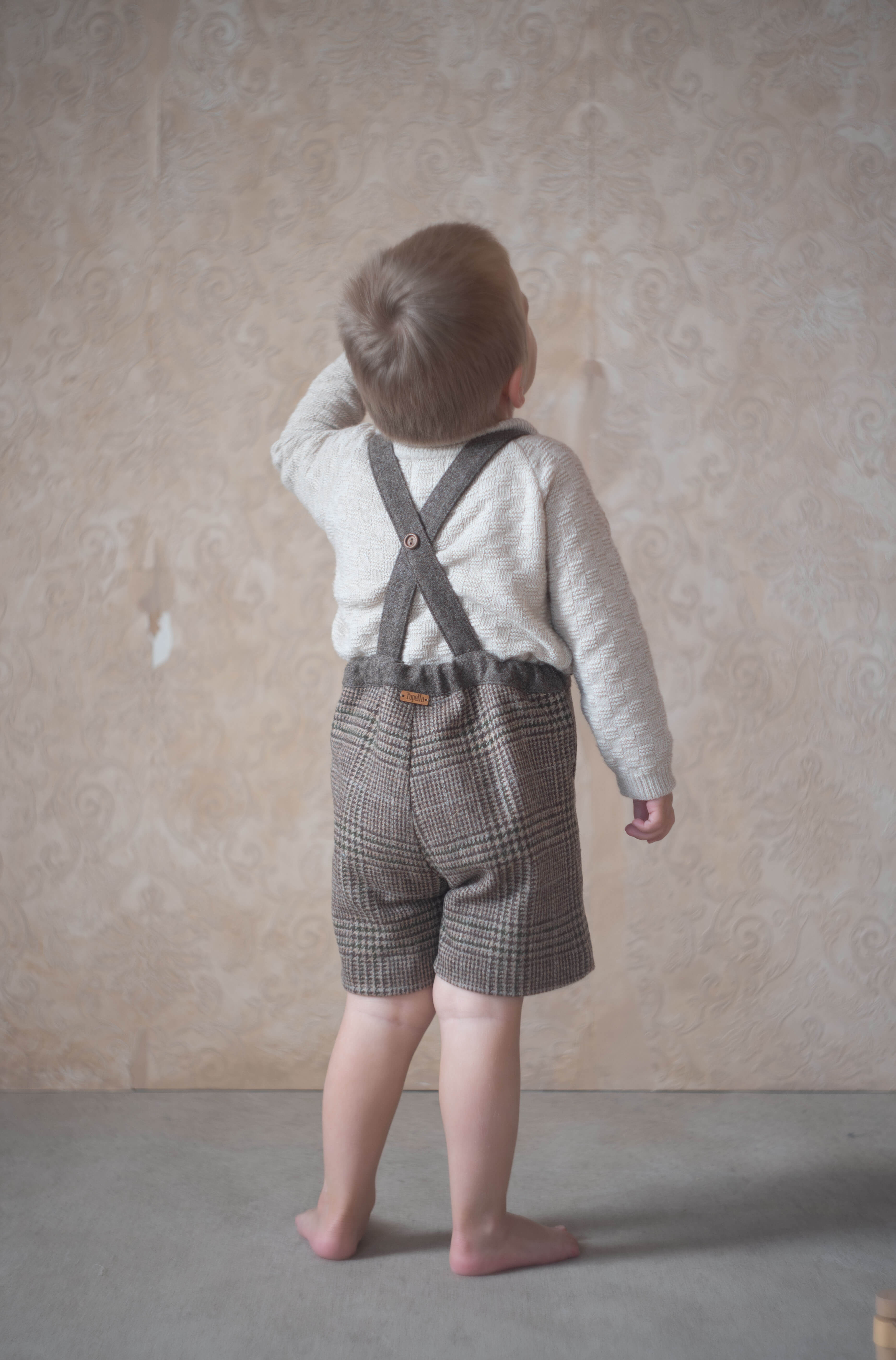 ［Popelin］Plaid woollen long romper suit with straps / Mod.8.1 Brown