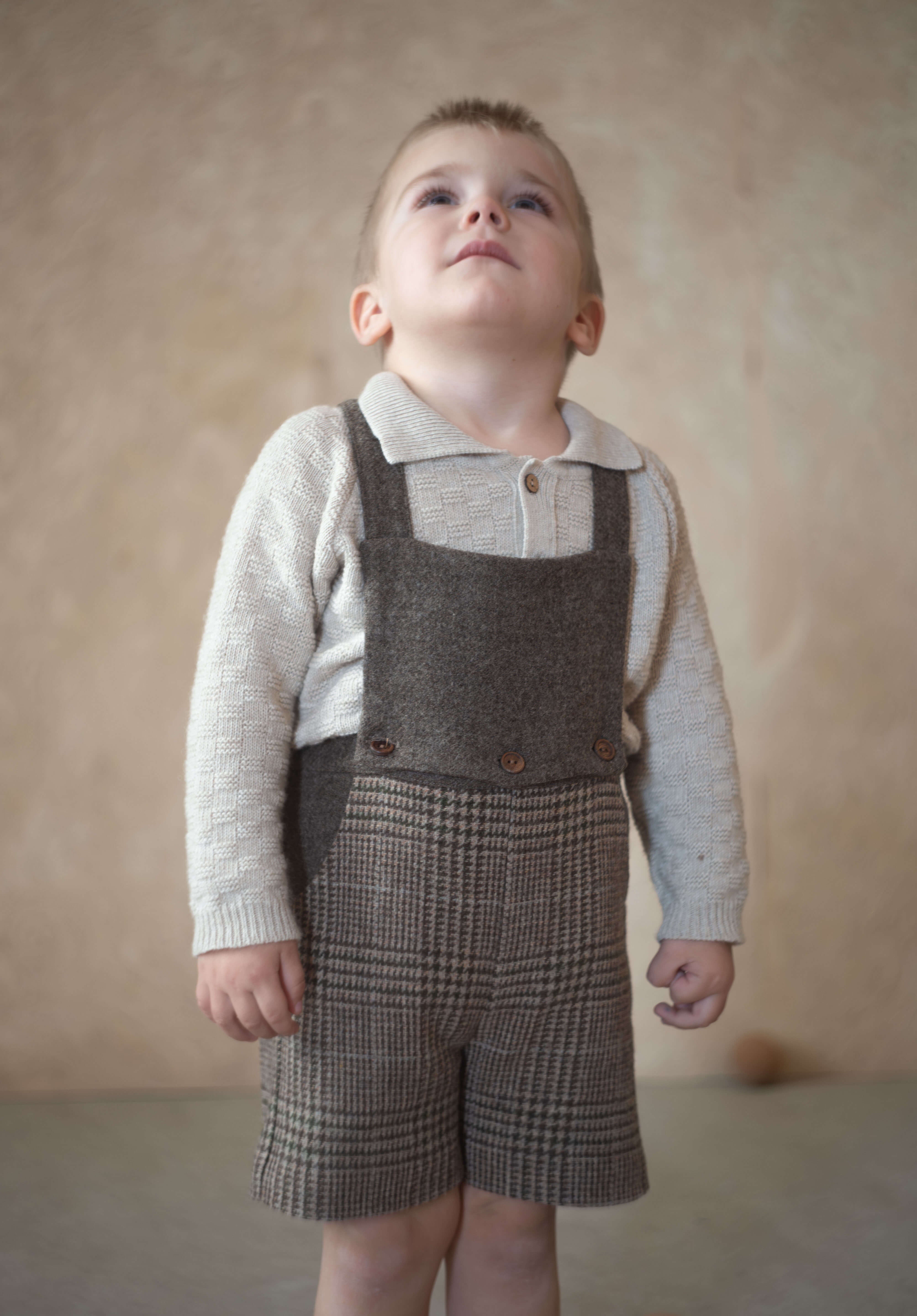 ［Popelin］Plaid woollen long romper suit with straps / Mod.8.1 Brown