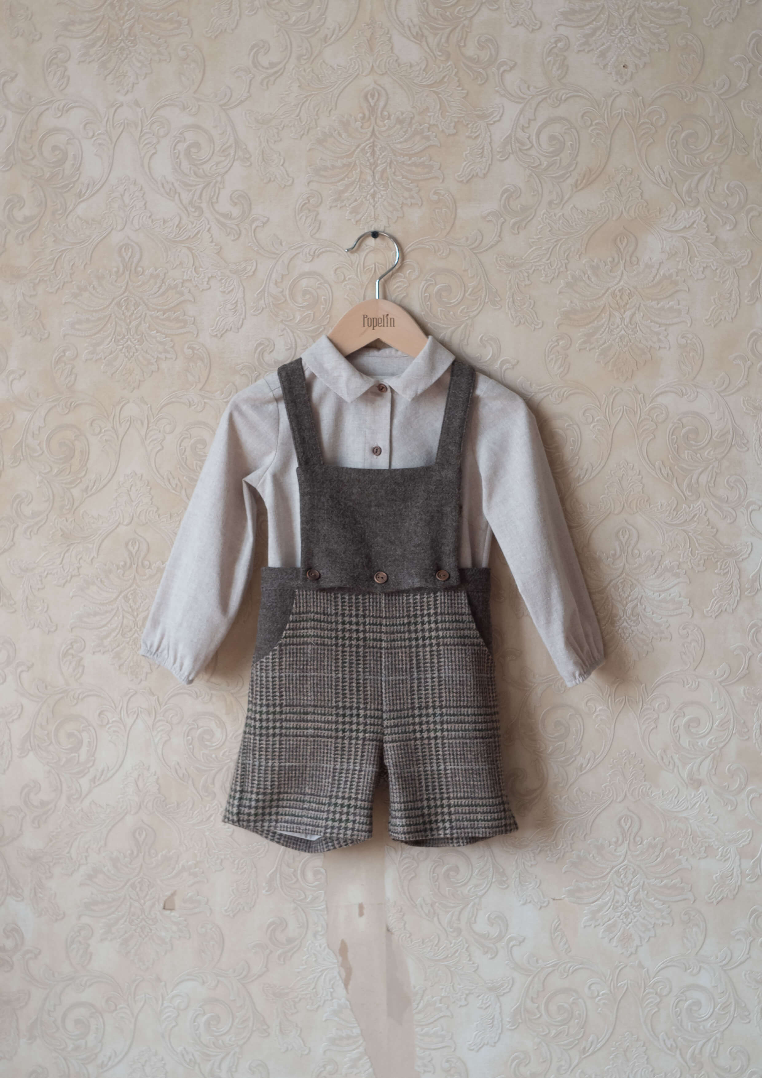 ［Popelin］Plaid woollen long romper suit with straps / Mod.8.1 Brown