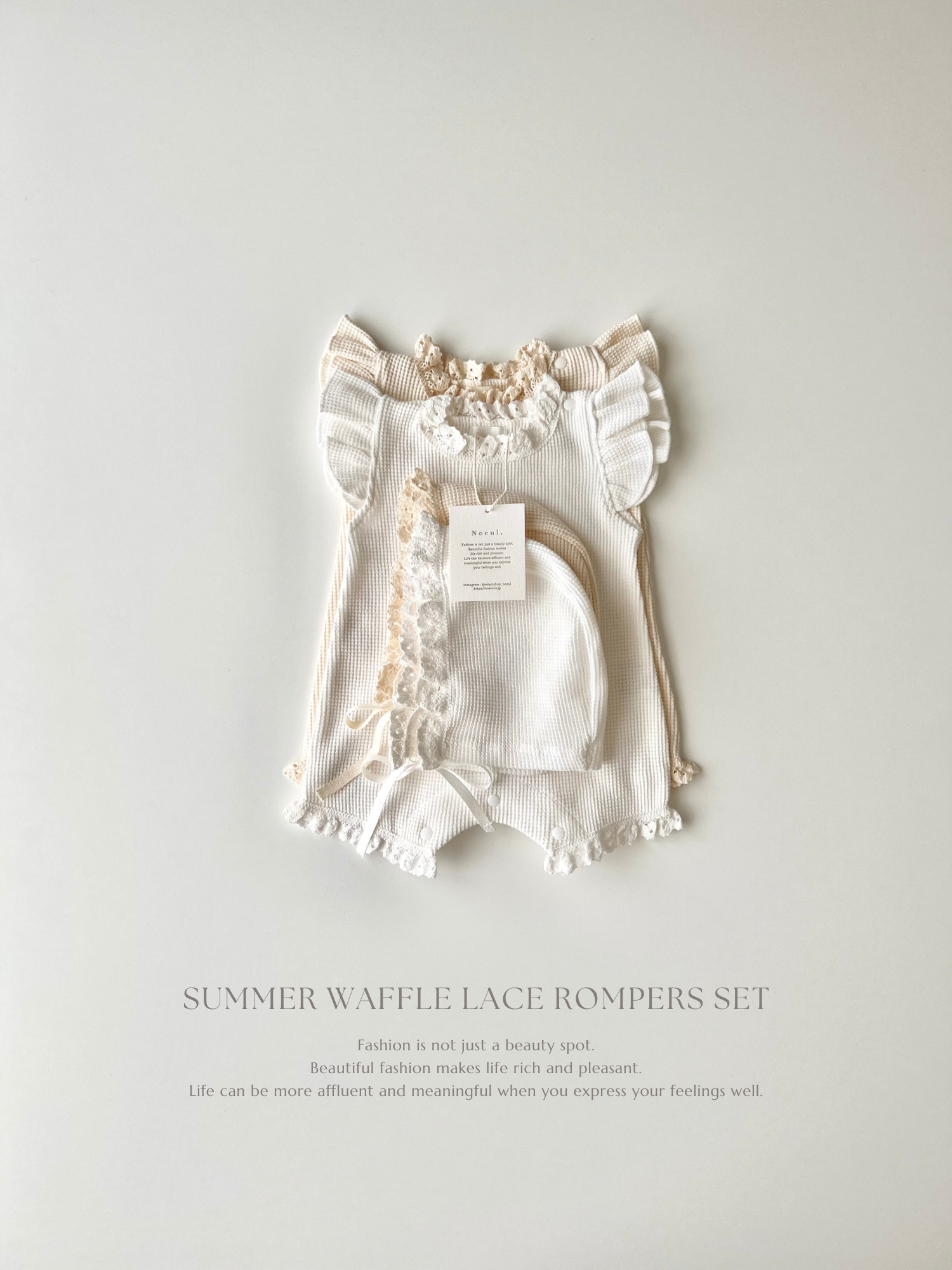 Summer waffle lace rompers set