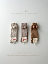 ［condor］Warm cotton rib knee socks with pompoms