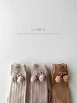 ［condor］Warm cotton rib knee socks with pompoms