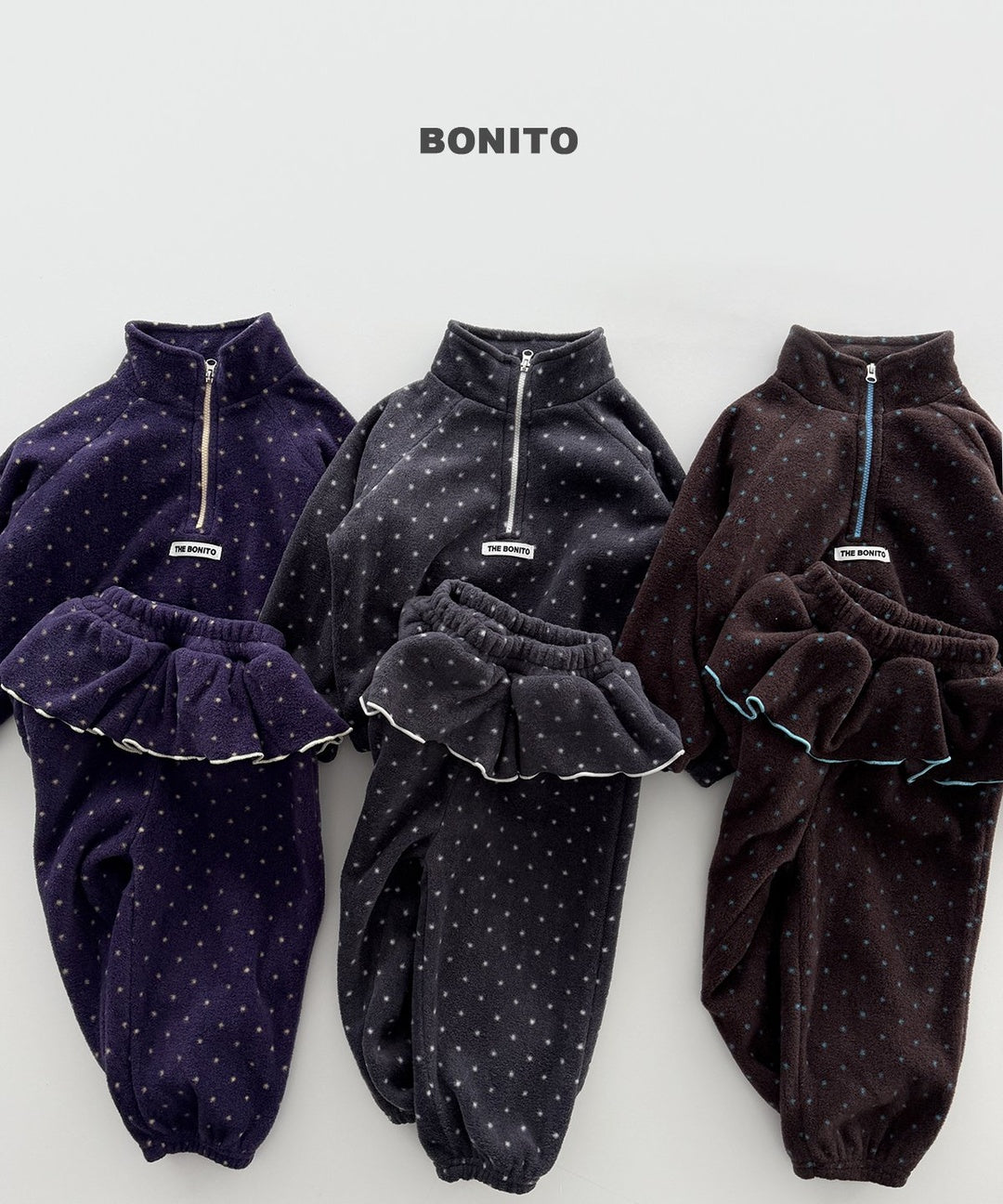[BONITO] Dot frill half zip set