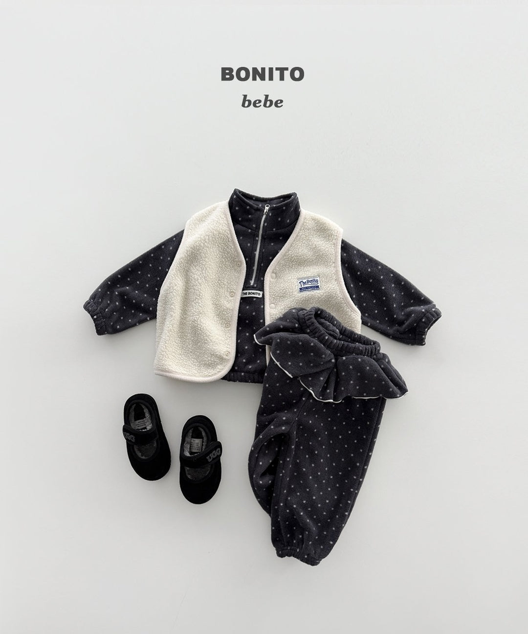 [BONITO] Dot frill half zip set