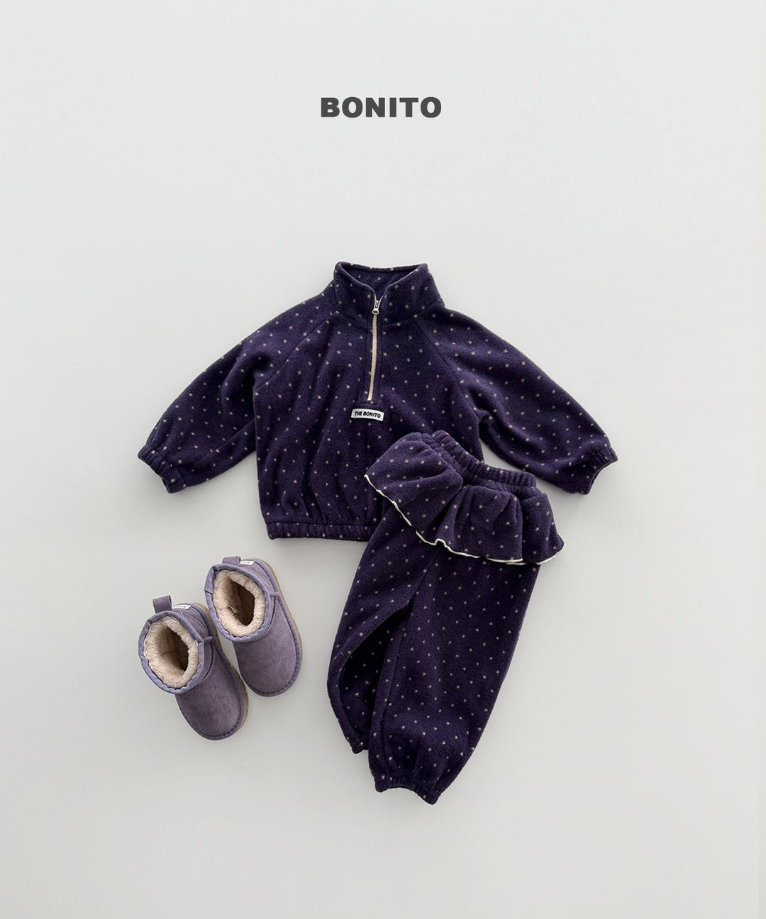 [BONITO] Dot frill half zip set