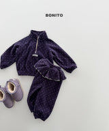 [BONITO] Dot frill half zip set