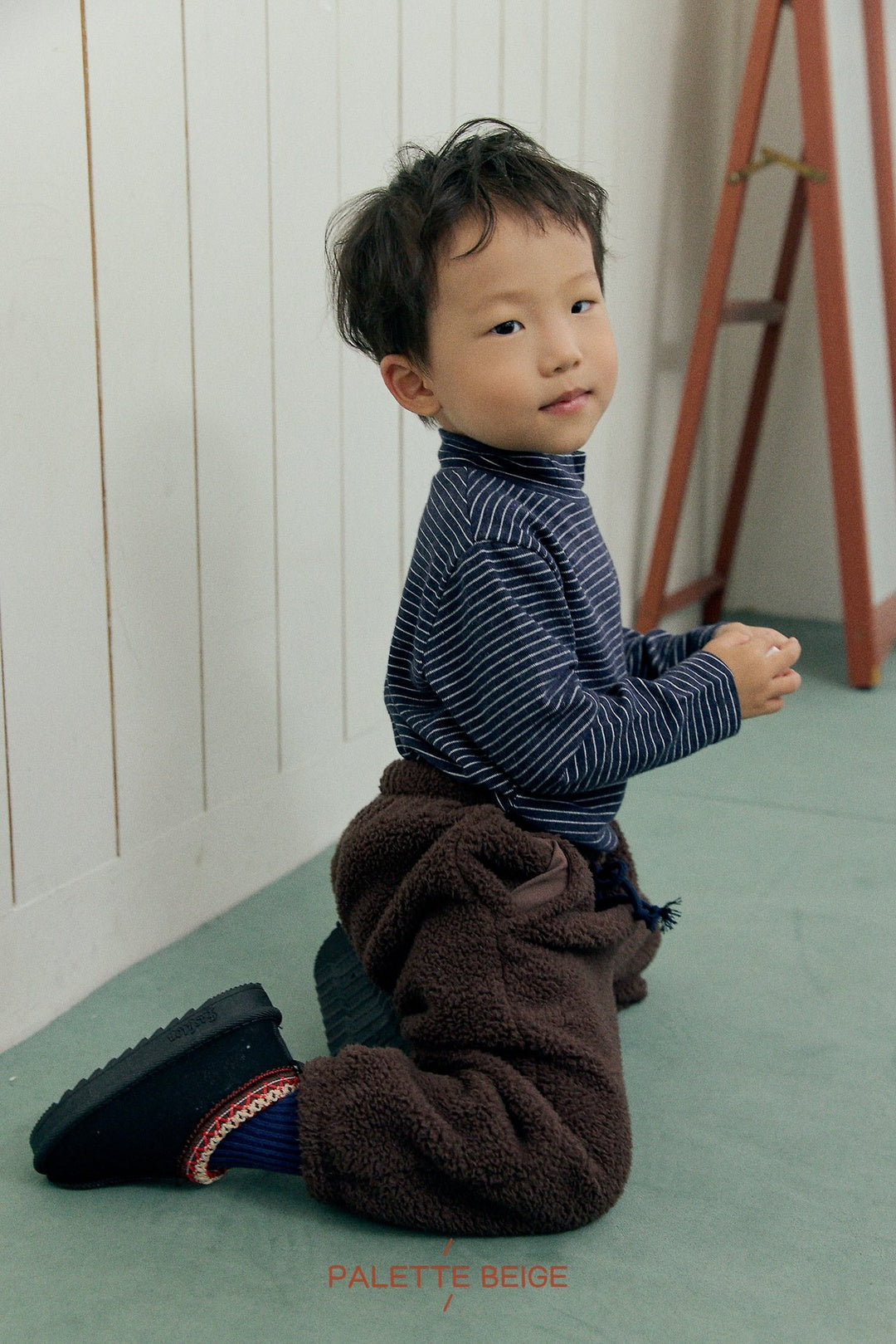 [PALETTE BEIGE] Stripe slim half turtleneck