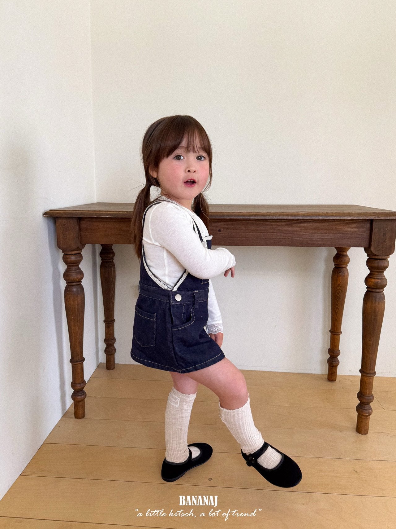 ［BANANAJ］Lace suspender denim one-piece