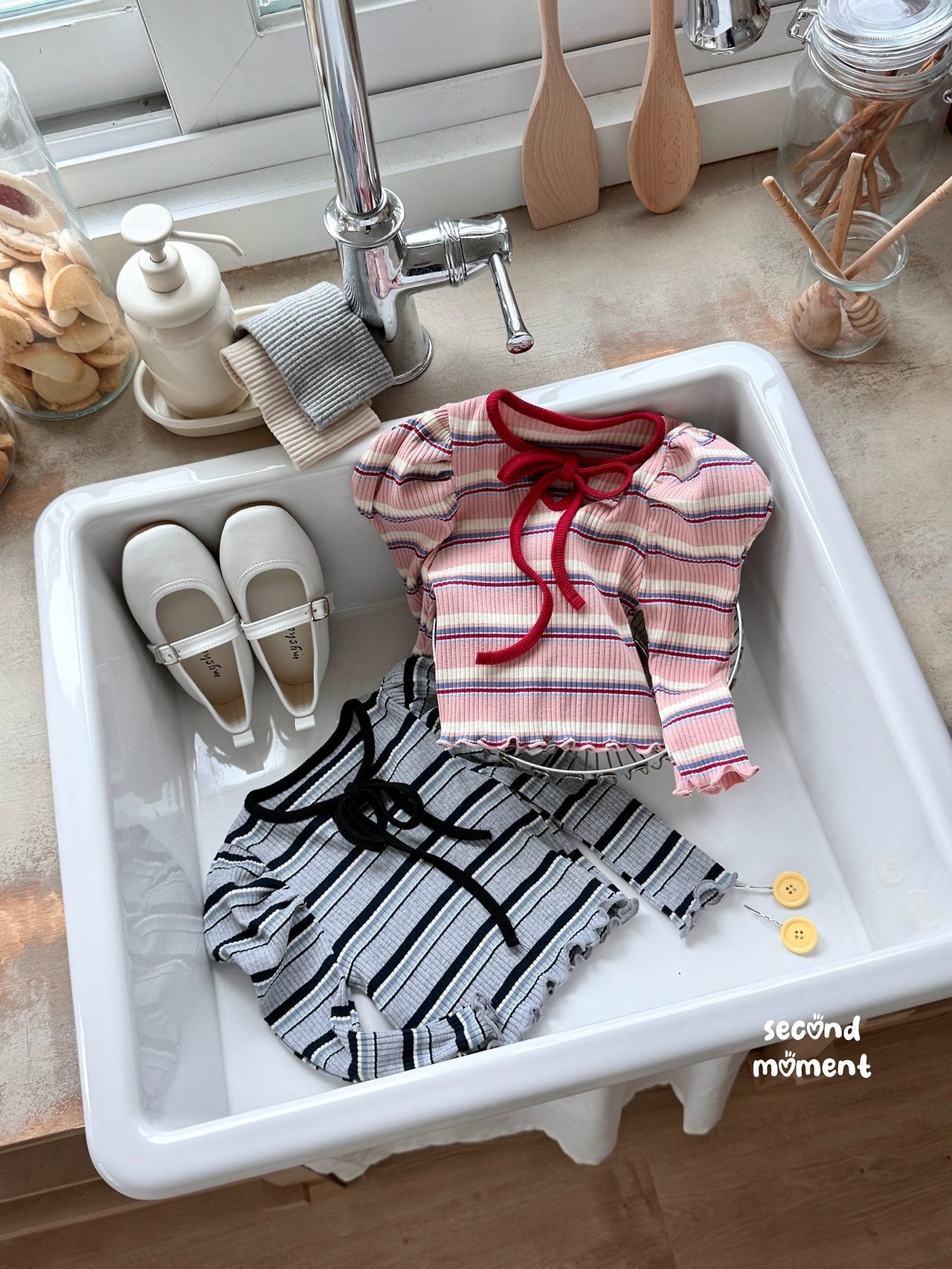 ［second moment］Bubble stripe ribbon tops