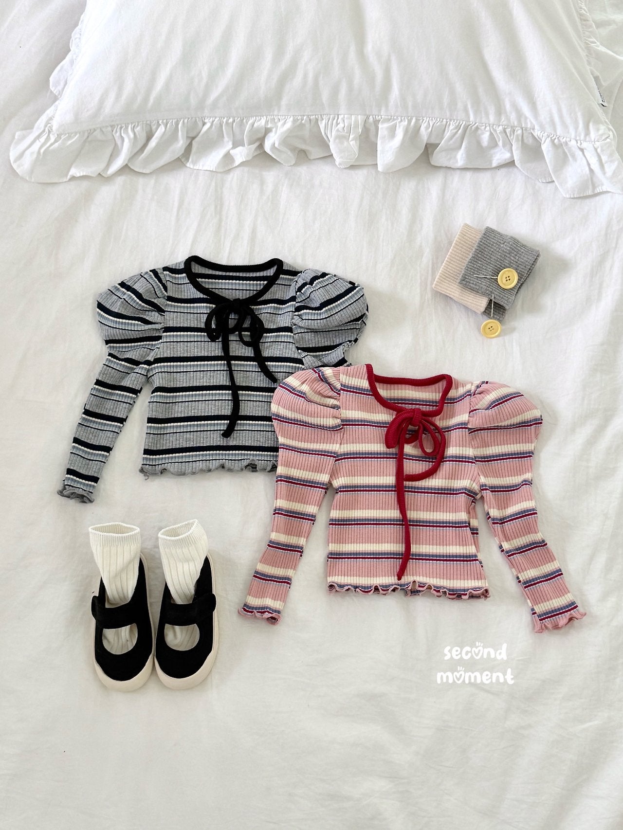 ［second moment］Bubble stripe ribbon tops
