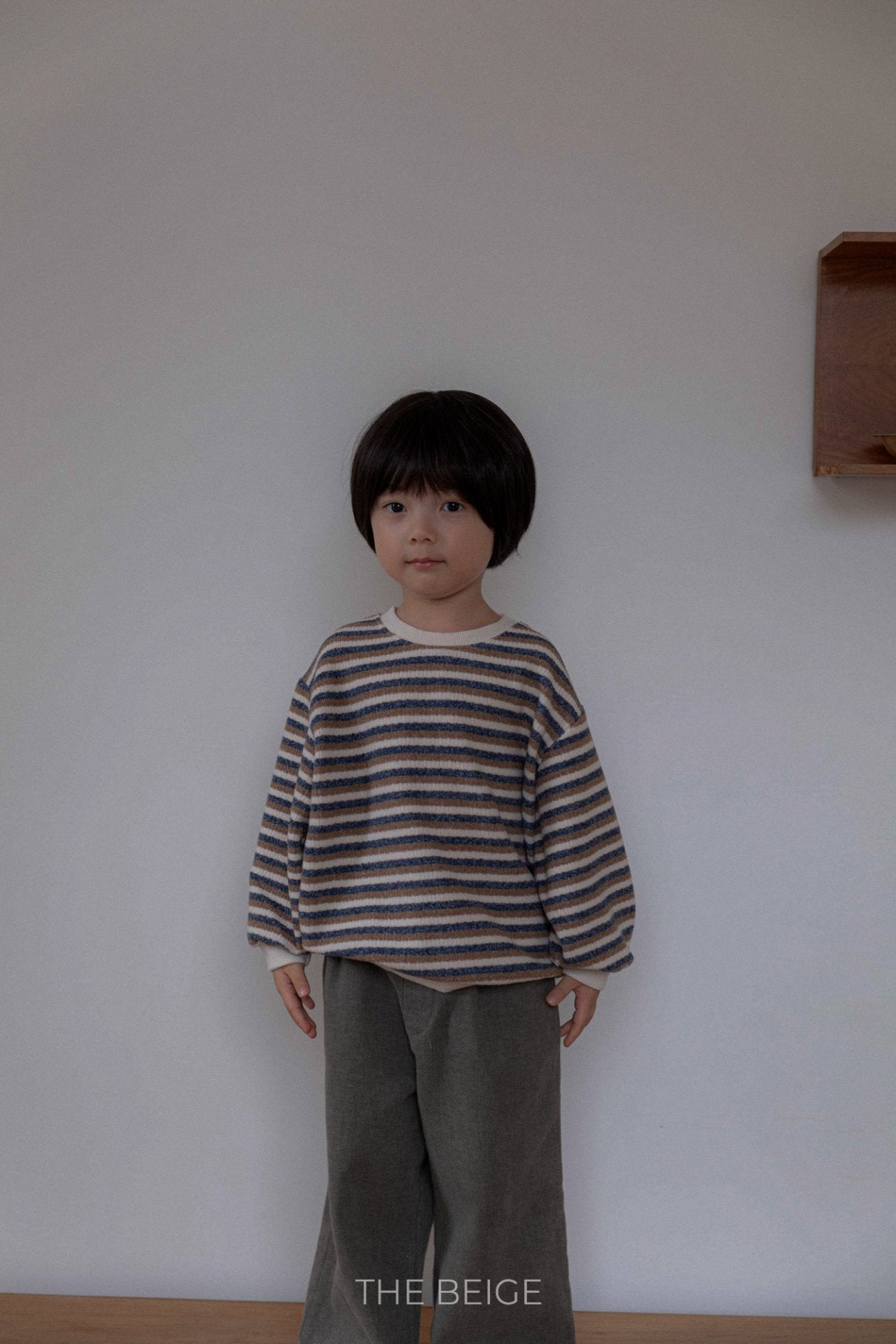 ［The beige］Knit stripe mtm