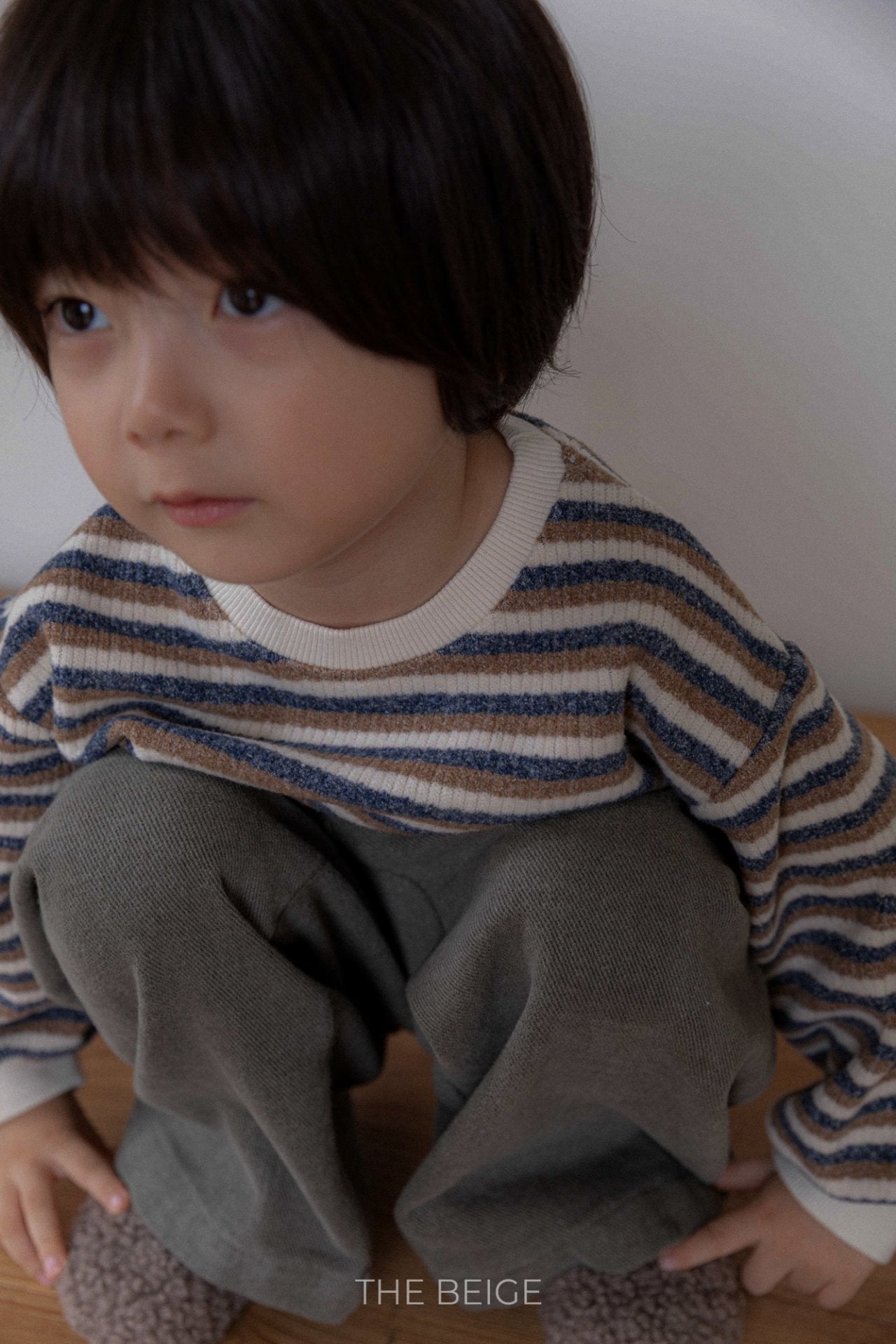 ［The beige］Knit stripe mtm