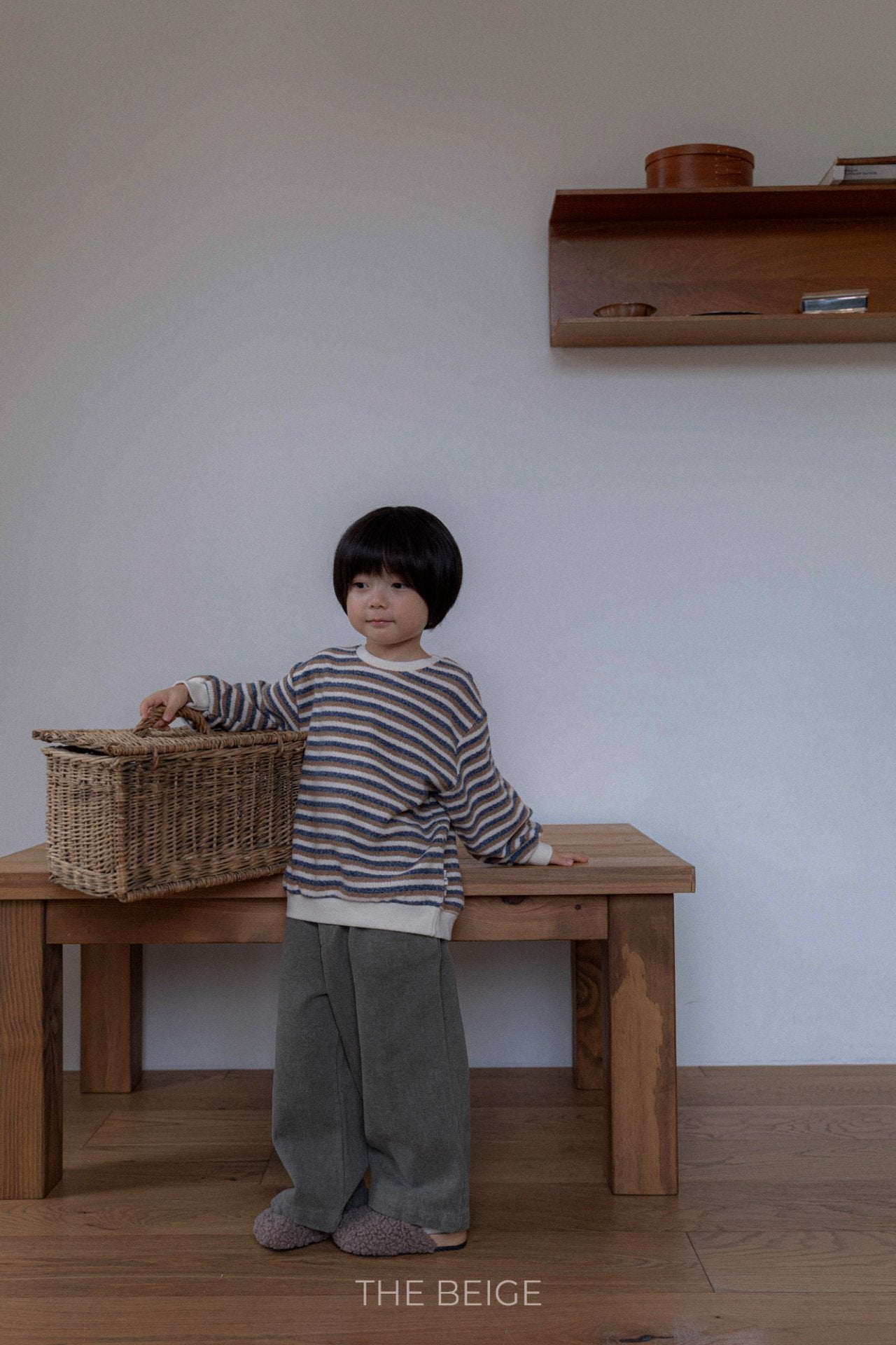 ［The beige］Knit stripe mtm