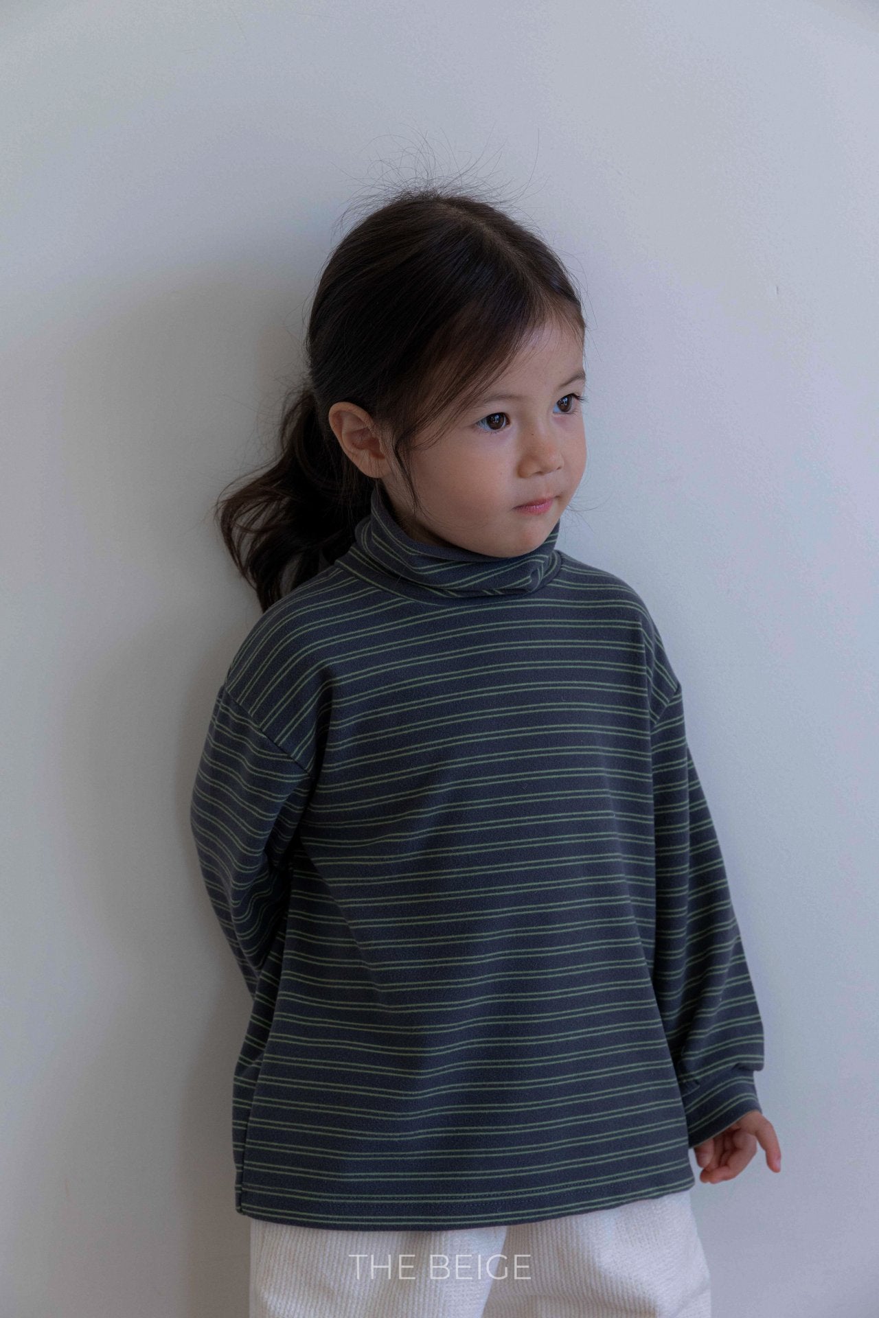 ［The beige］Stripe high neck tee