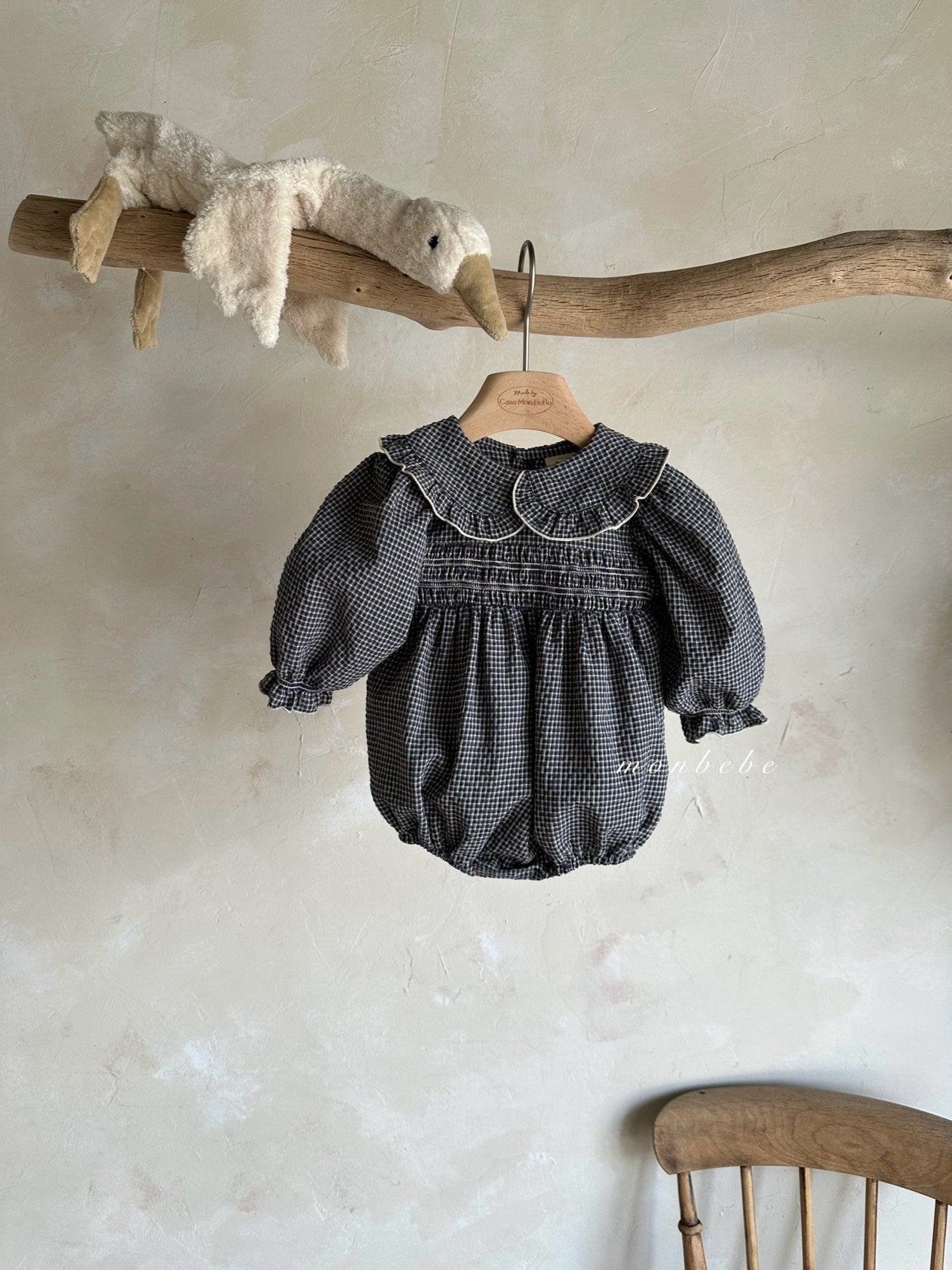 ［monbebe］Autumn check smock rompers