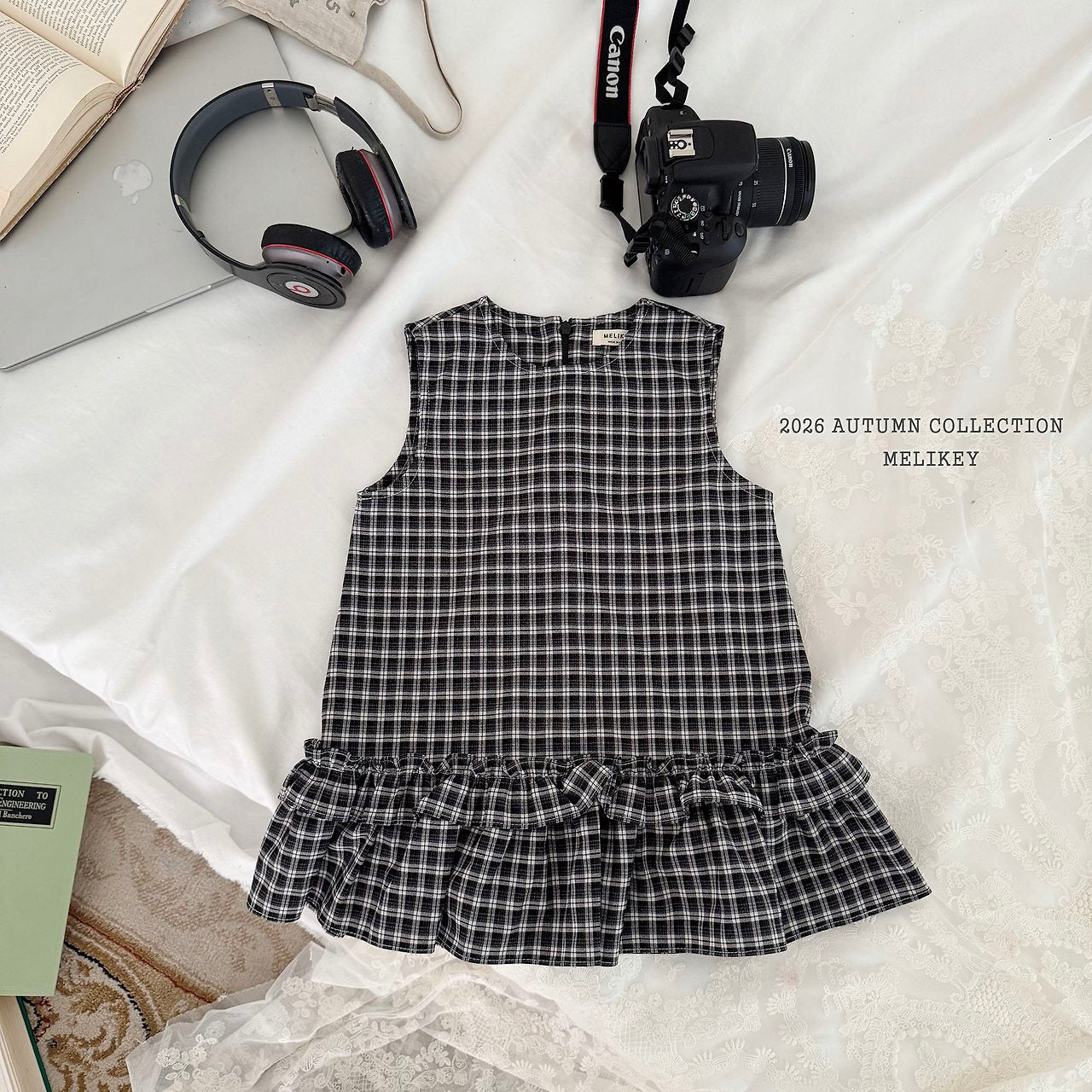 ［Melikey］Check frill one-piece