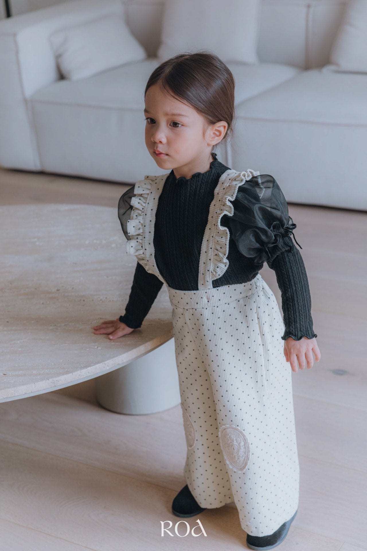 ［ROA］Dot frill suspender pants