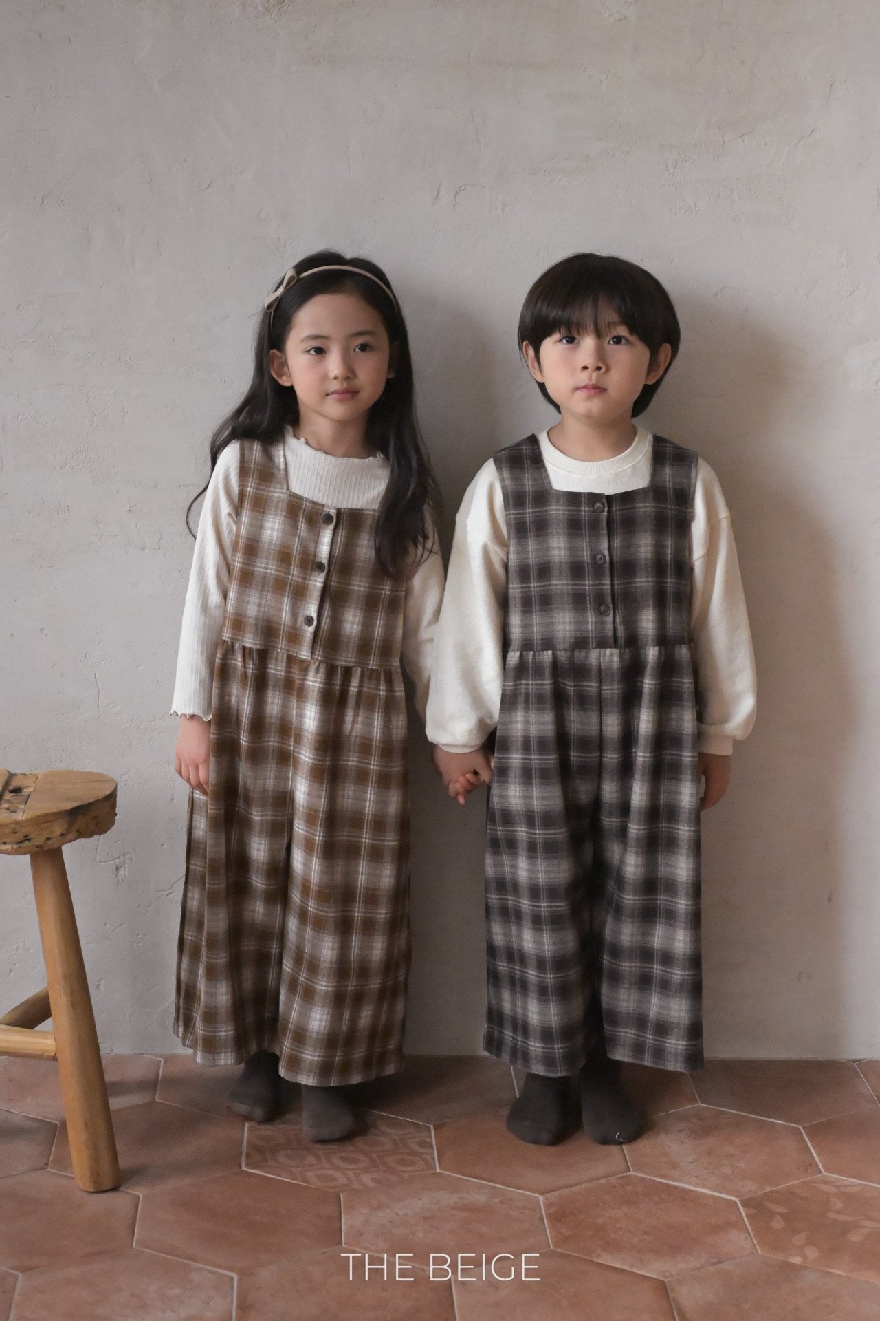 ［The beige］Check overalls