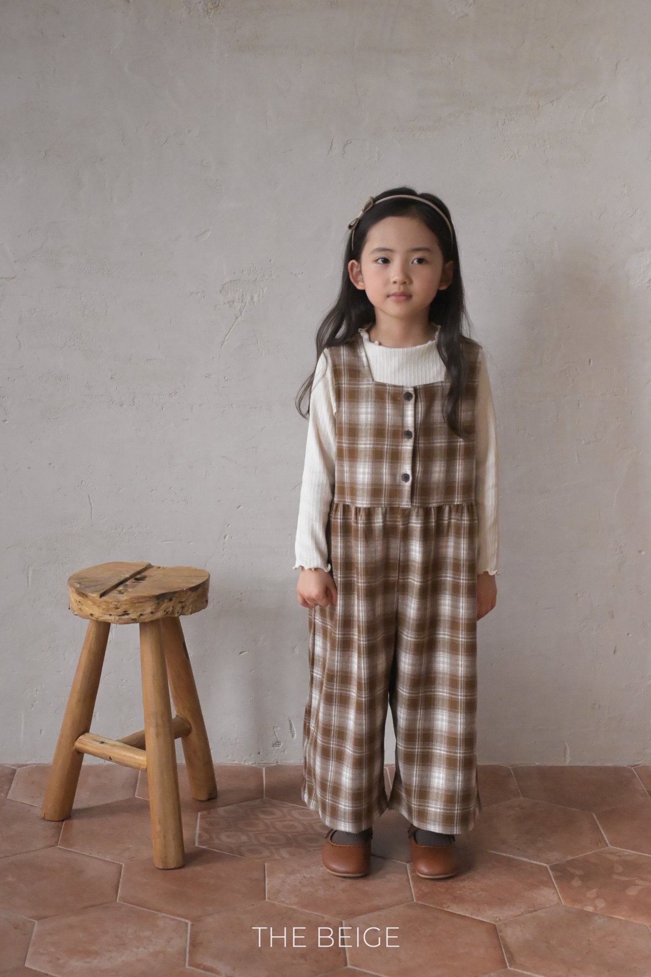 ［The beige］Check overalls