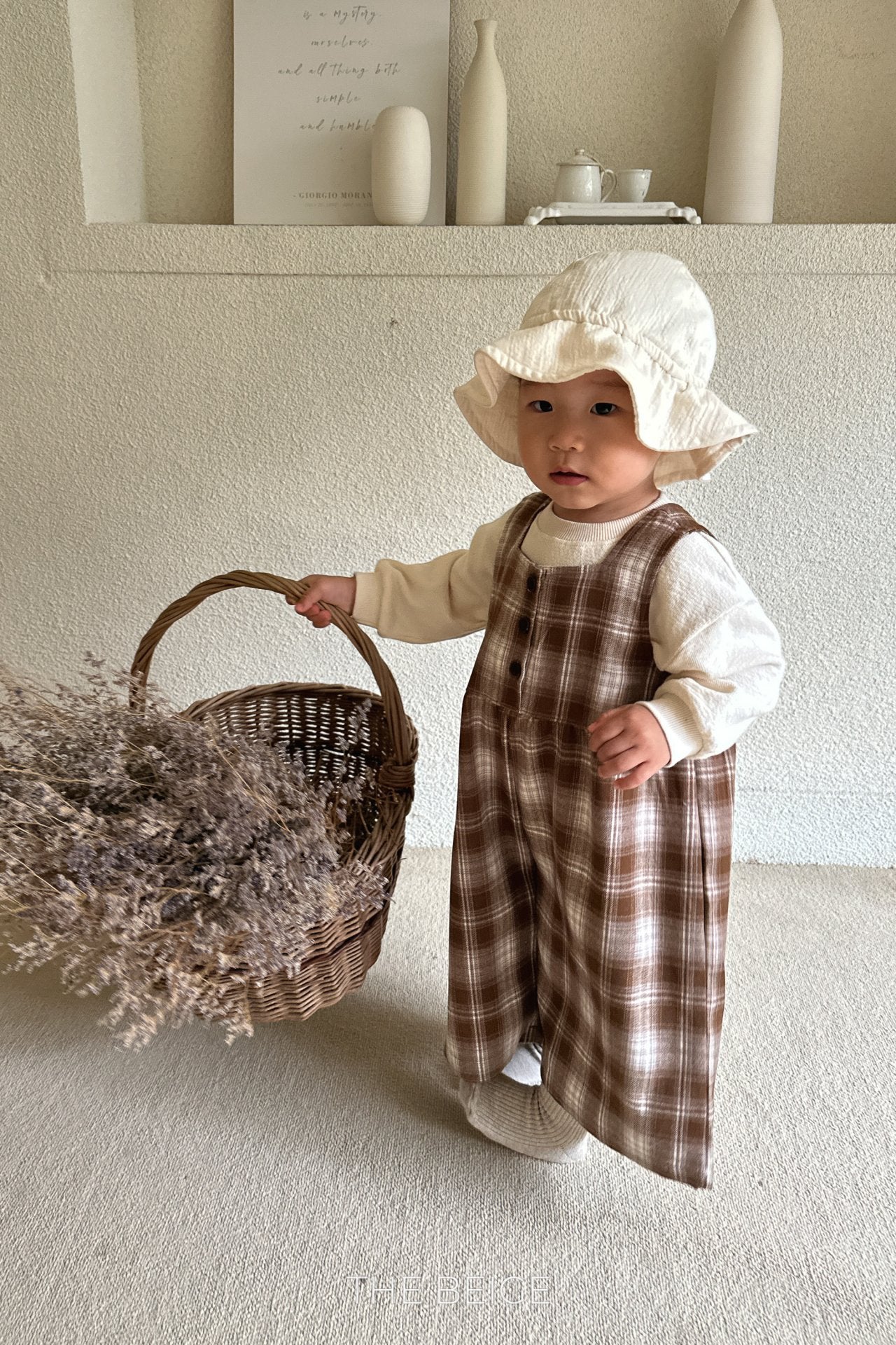 ［The beige］Check overalls