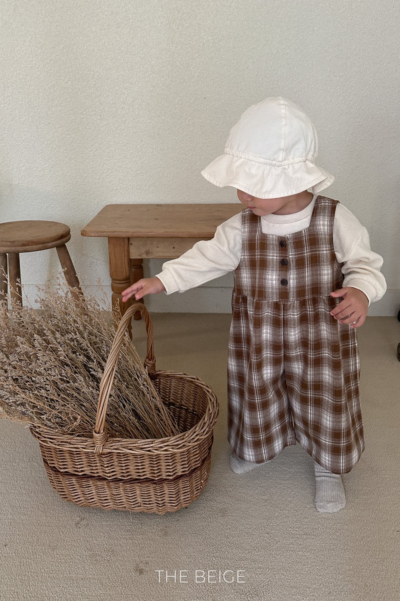 ［The beige］Check overalls