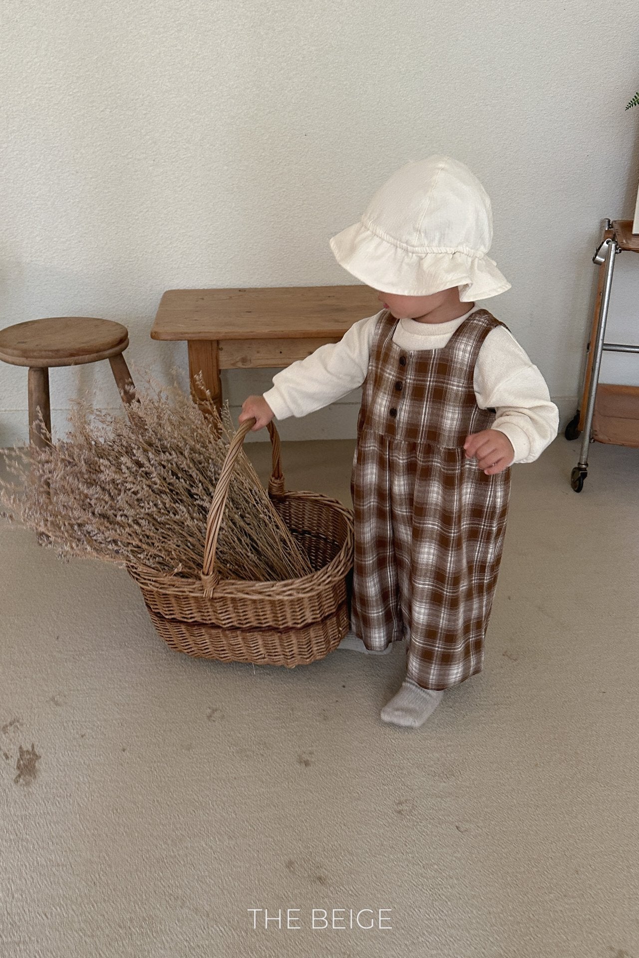 ［The beige］Check overalls