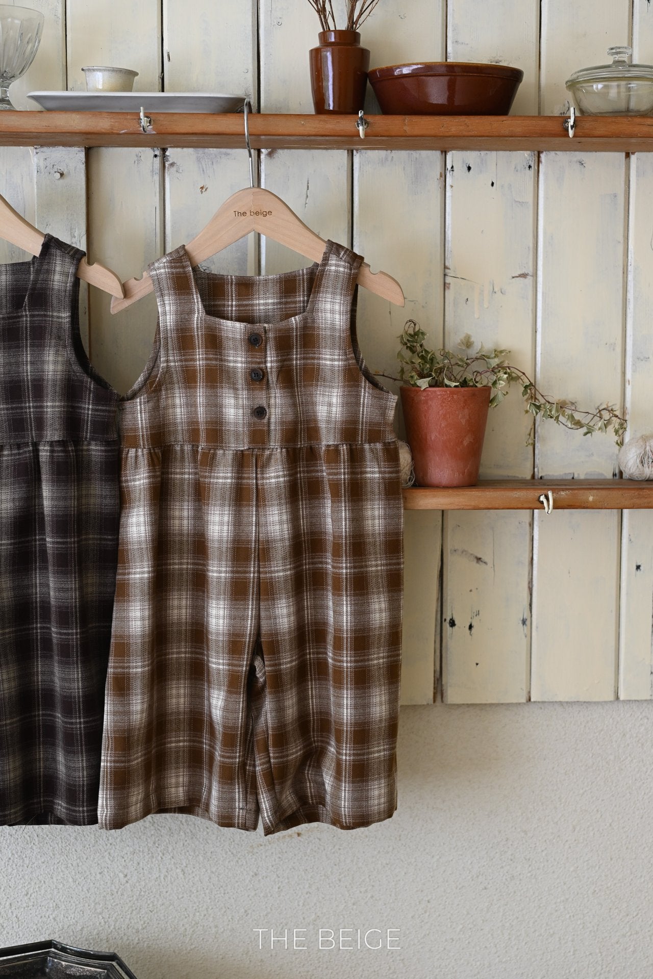 ［The beige］Check overalls