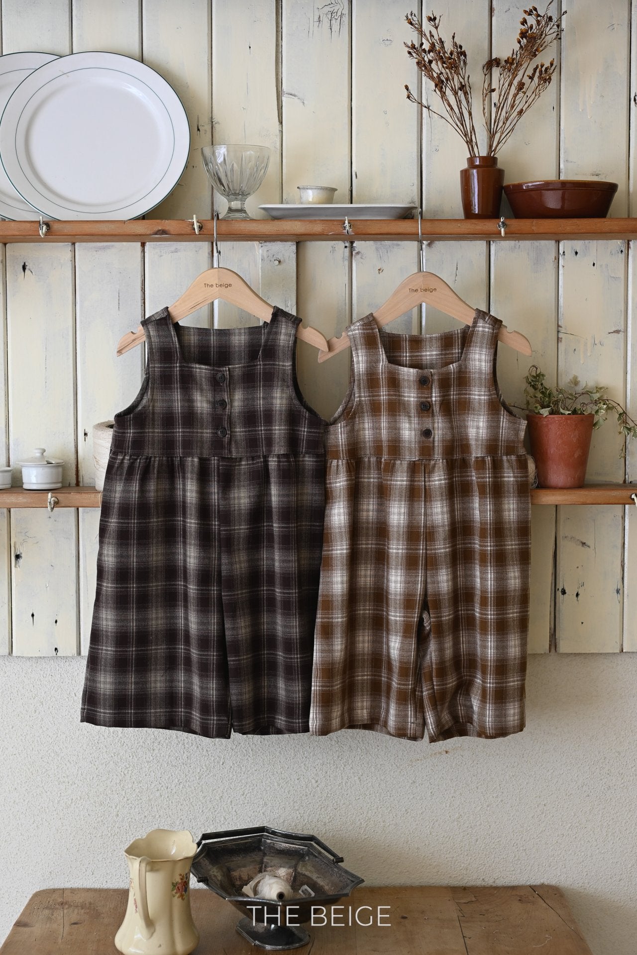 ［The beige］Check overalls