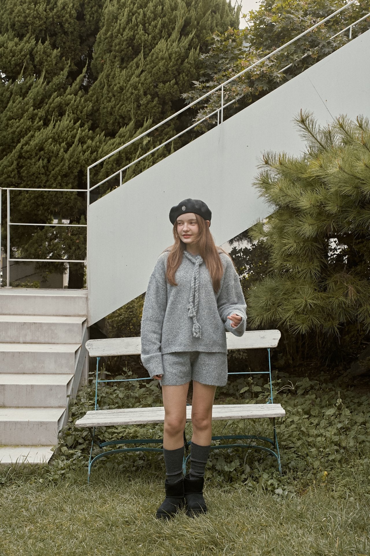 ［momo ann］Knit hood set (melange)