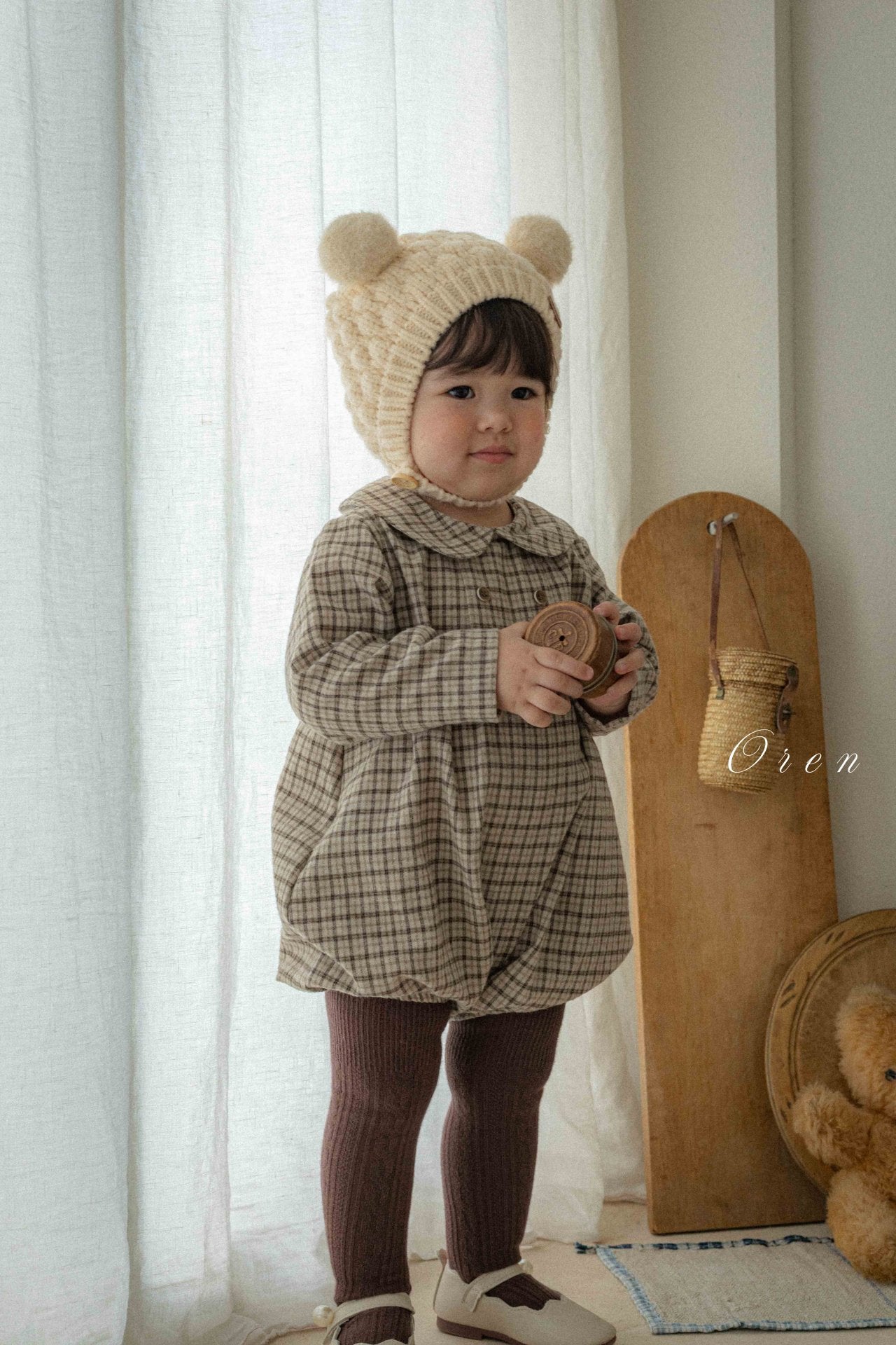 ［OREN］Brioche check rompers