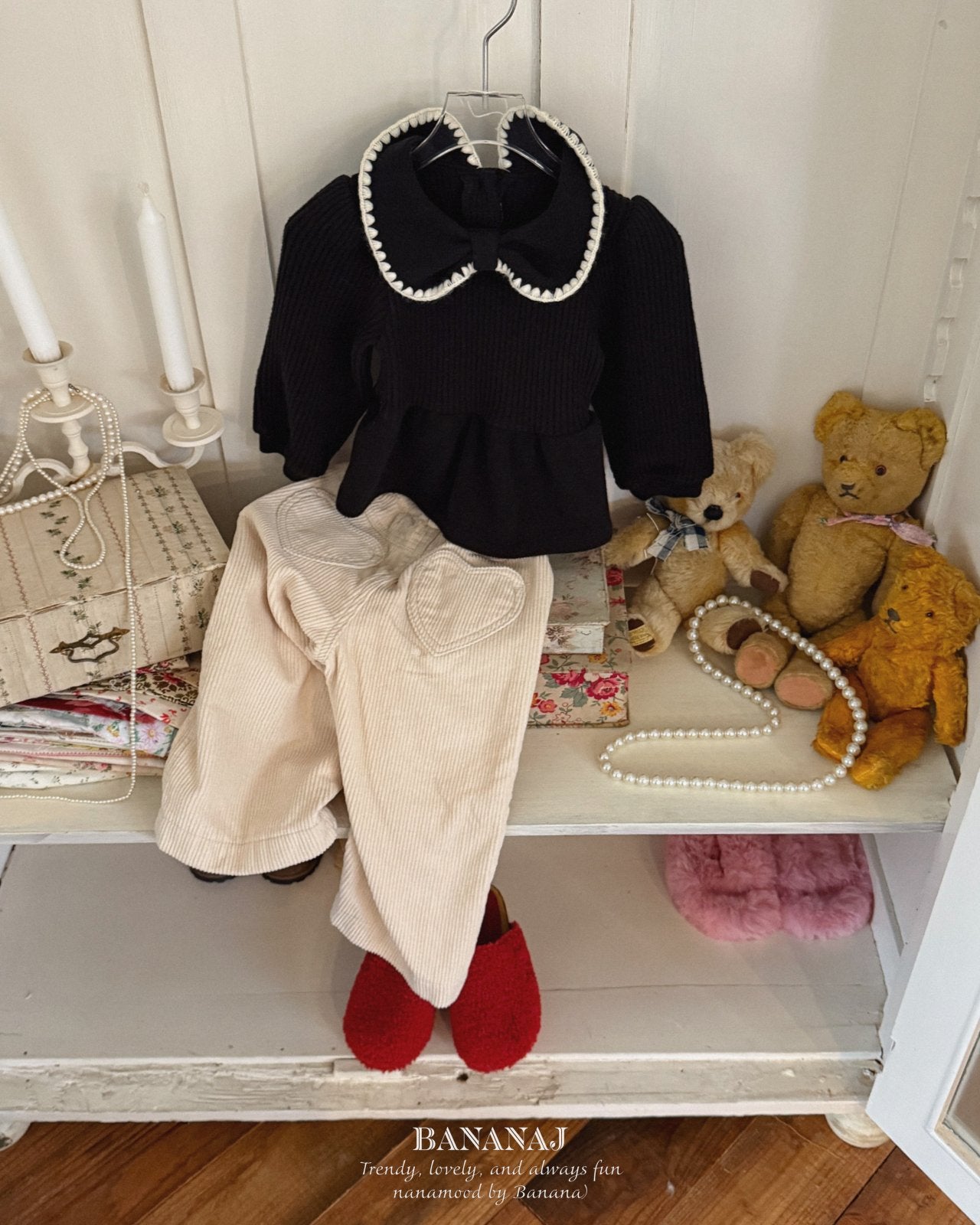 ［BANANAJ］Ribbon waffle collar tops