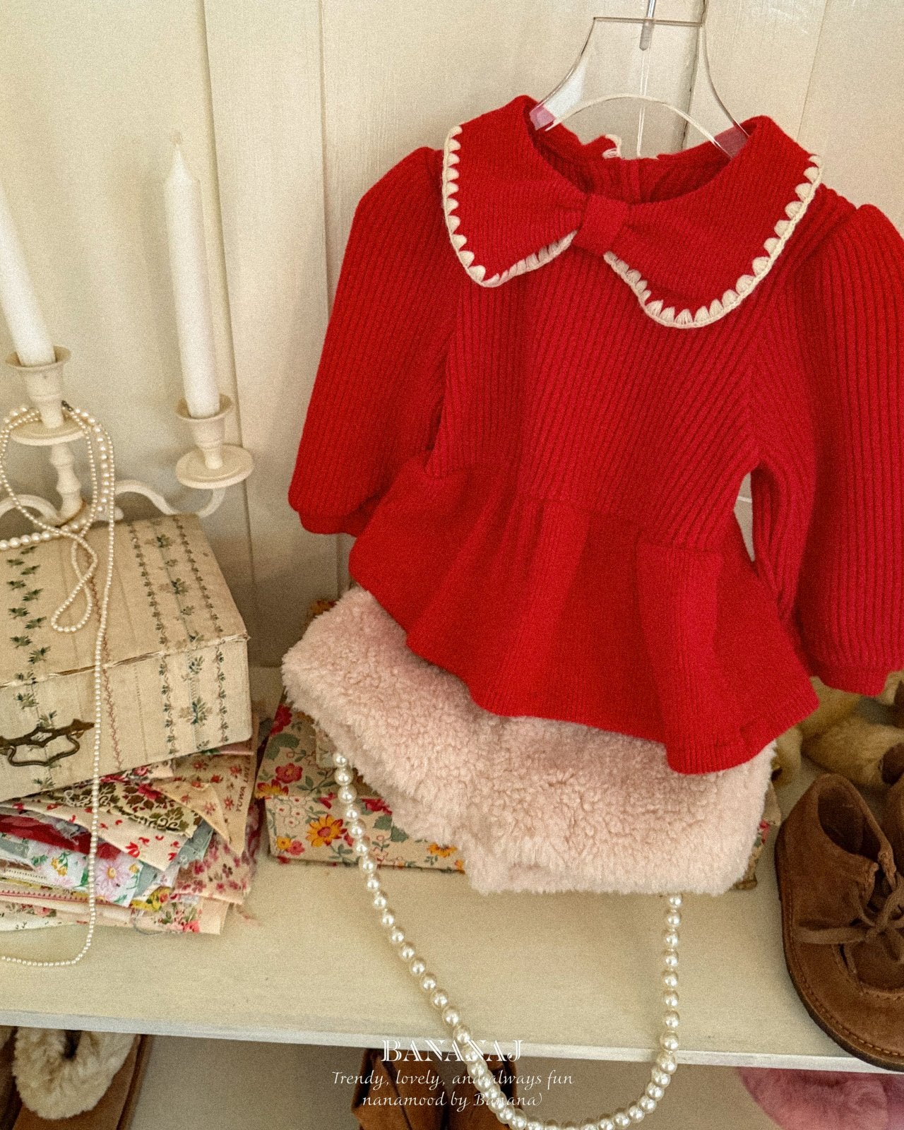 ［BANANAJ］Ribbon waffle collar tops