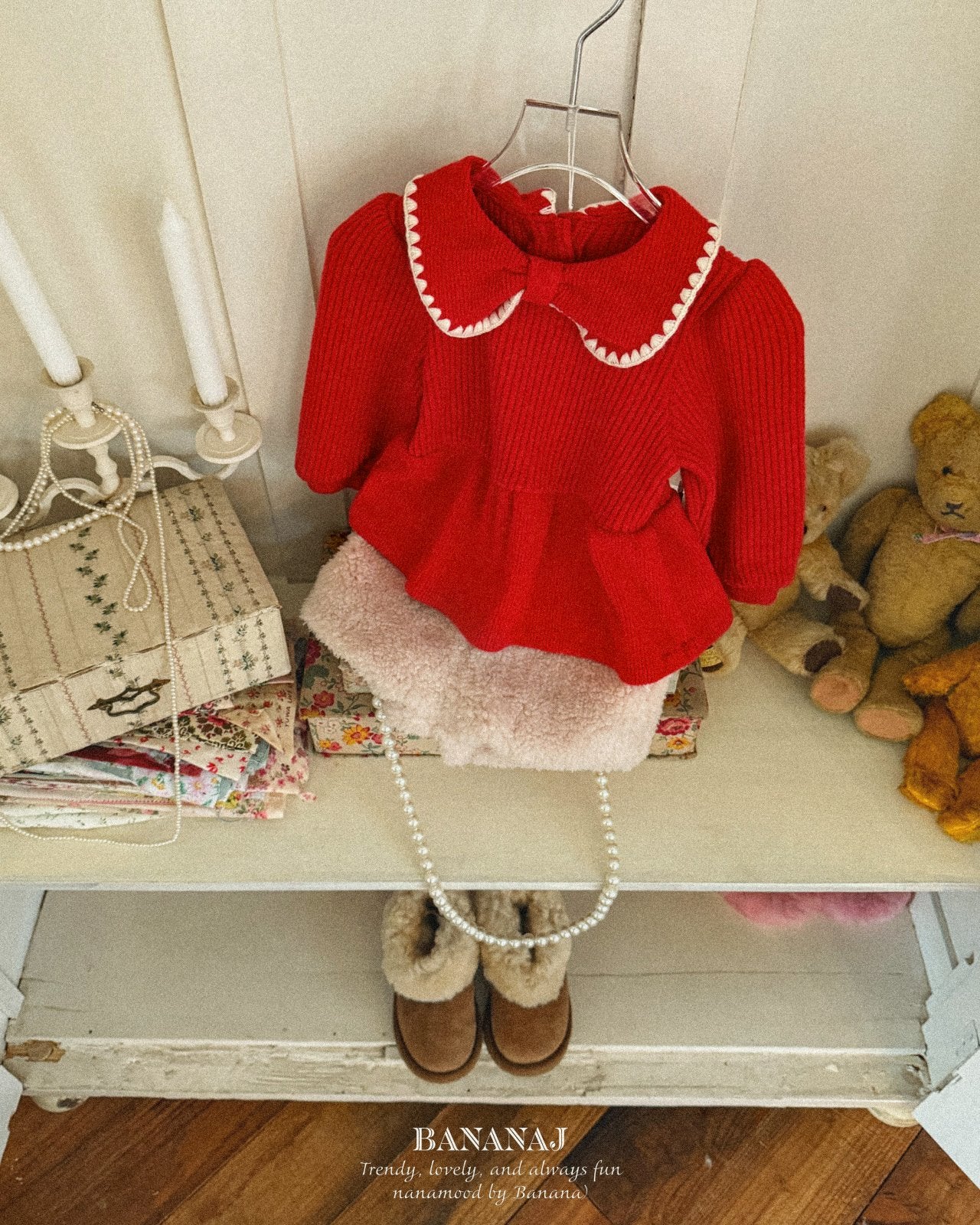 ［BANANAJ］Ribbon waffle collar tops