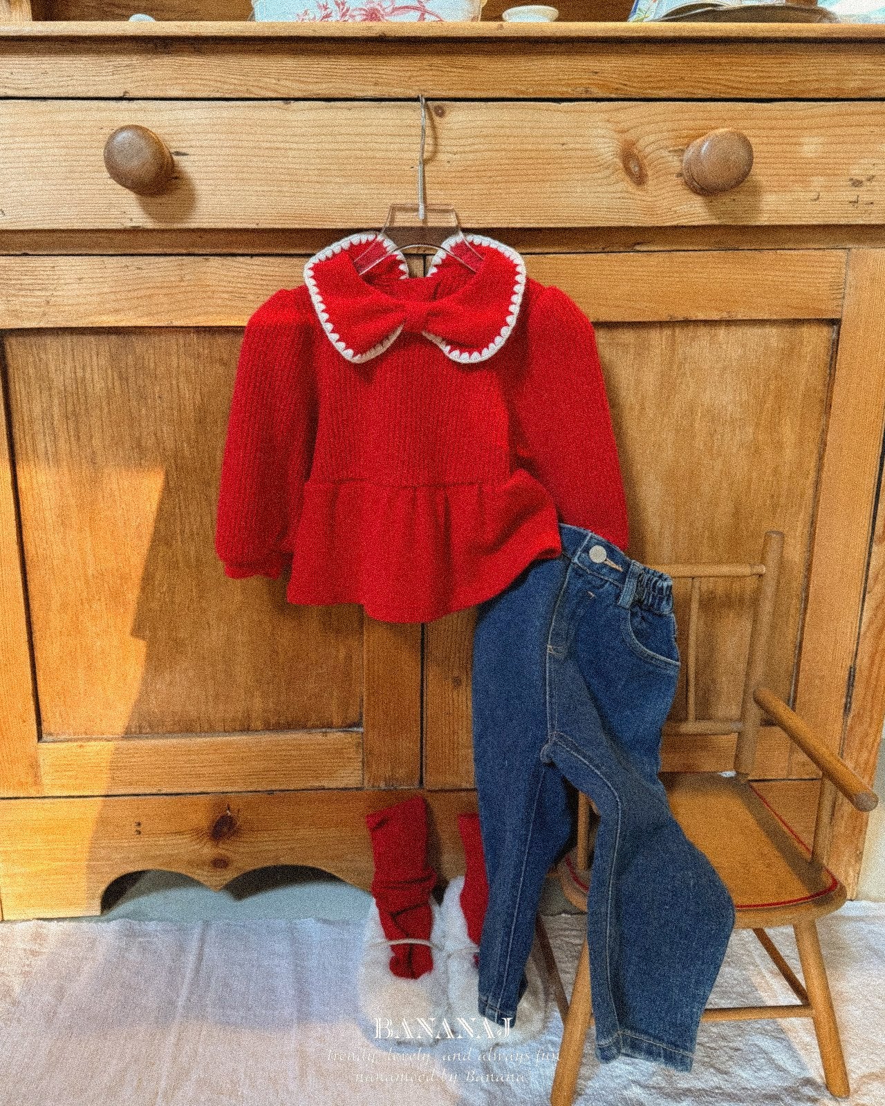 ［BANANAJ］Ribbon waffle collar tops