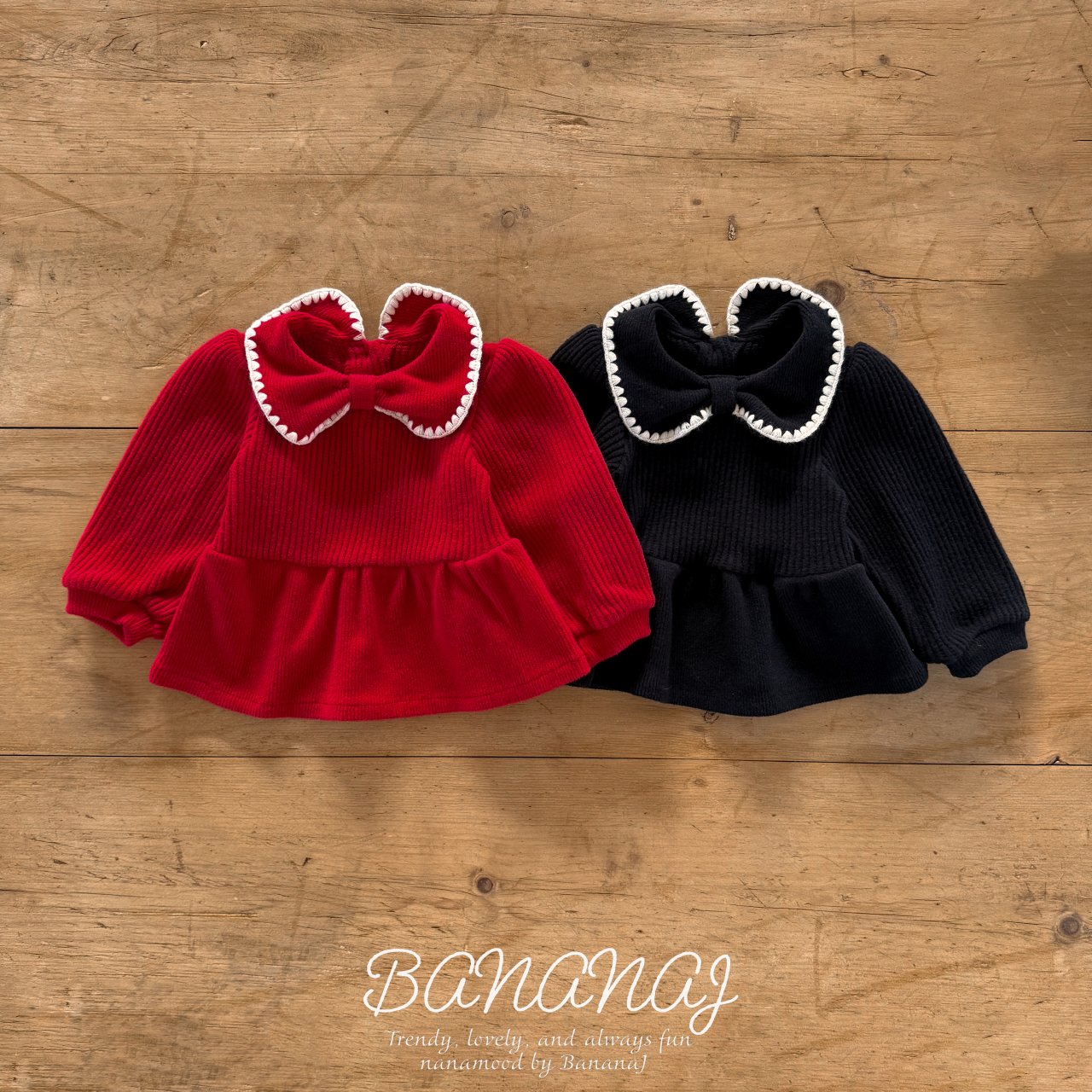 ［BANANAJ］Ribbon waffle collar tops