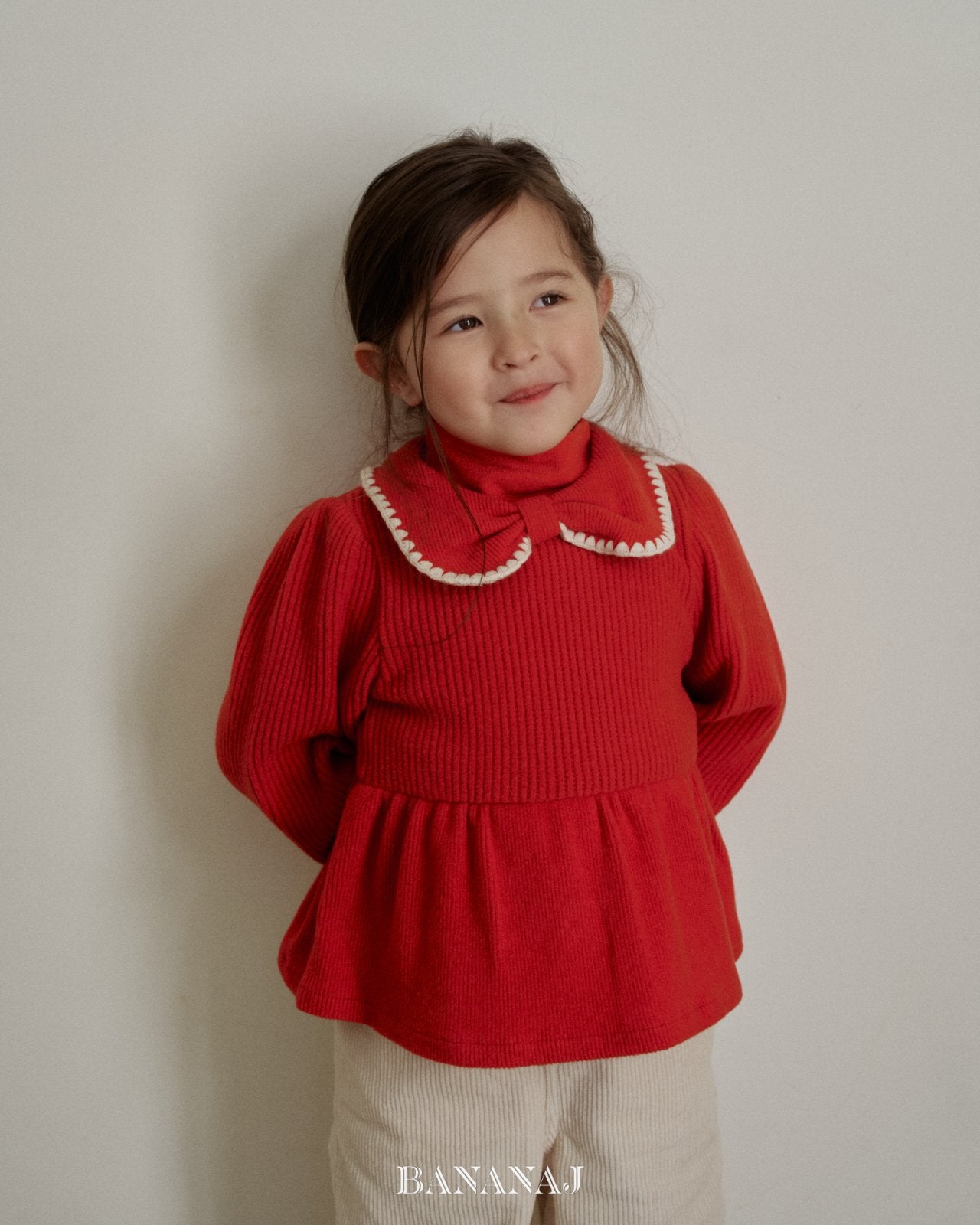 ［BANANAJ］Ribbon waffle collar tops