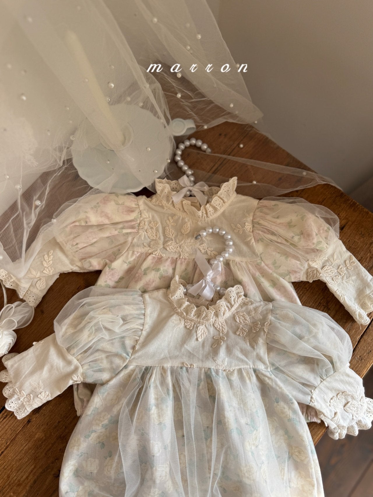 ［marron］Rosa organza puff rompers