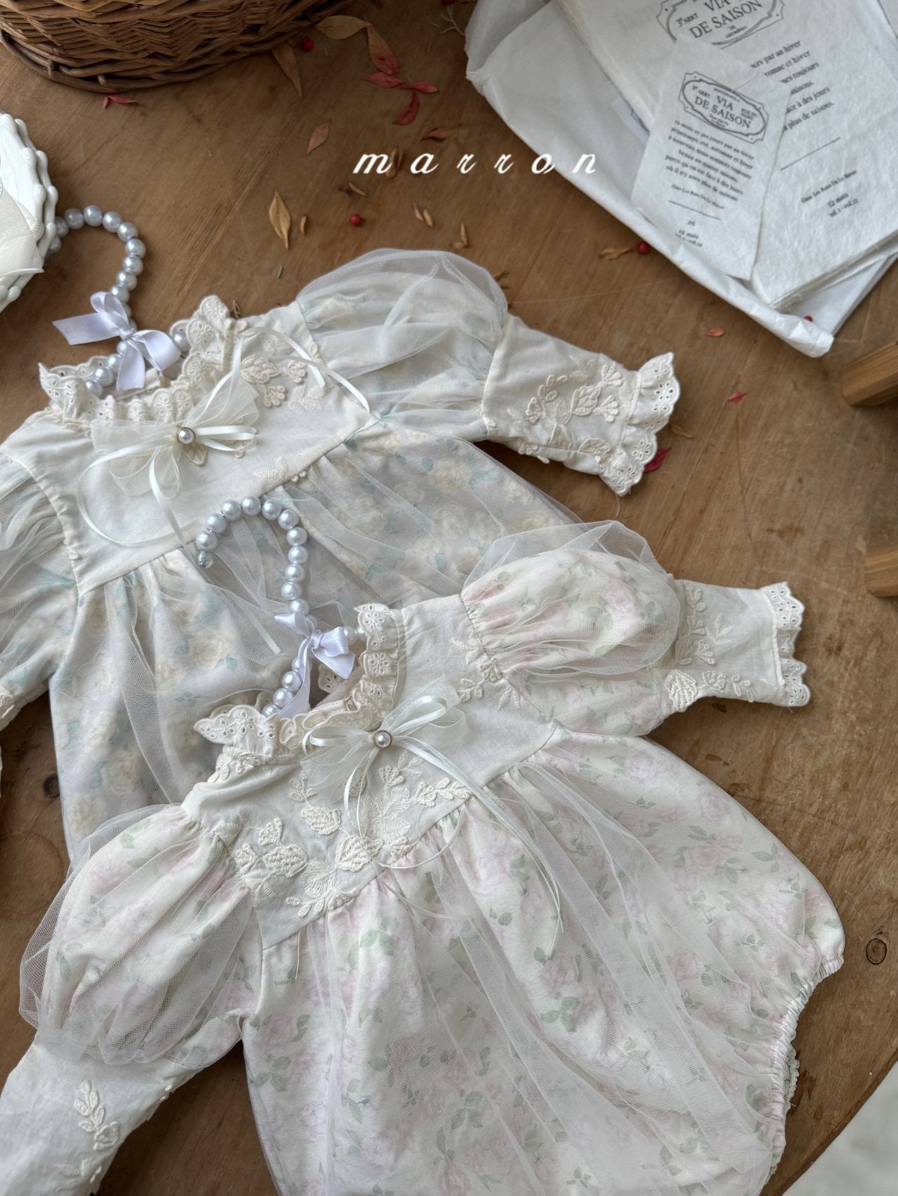 ［marron］Rosa organza puff rompers