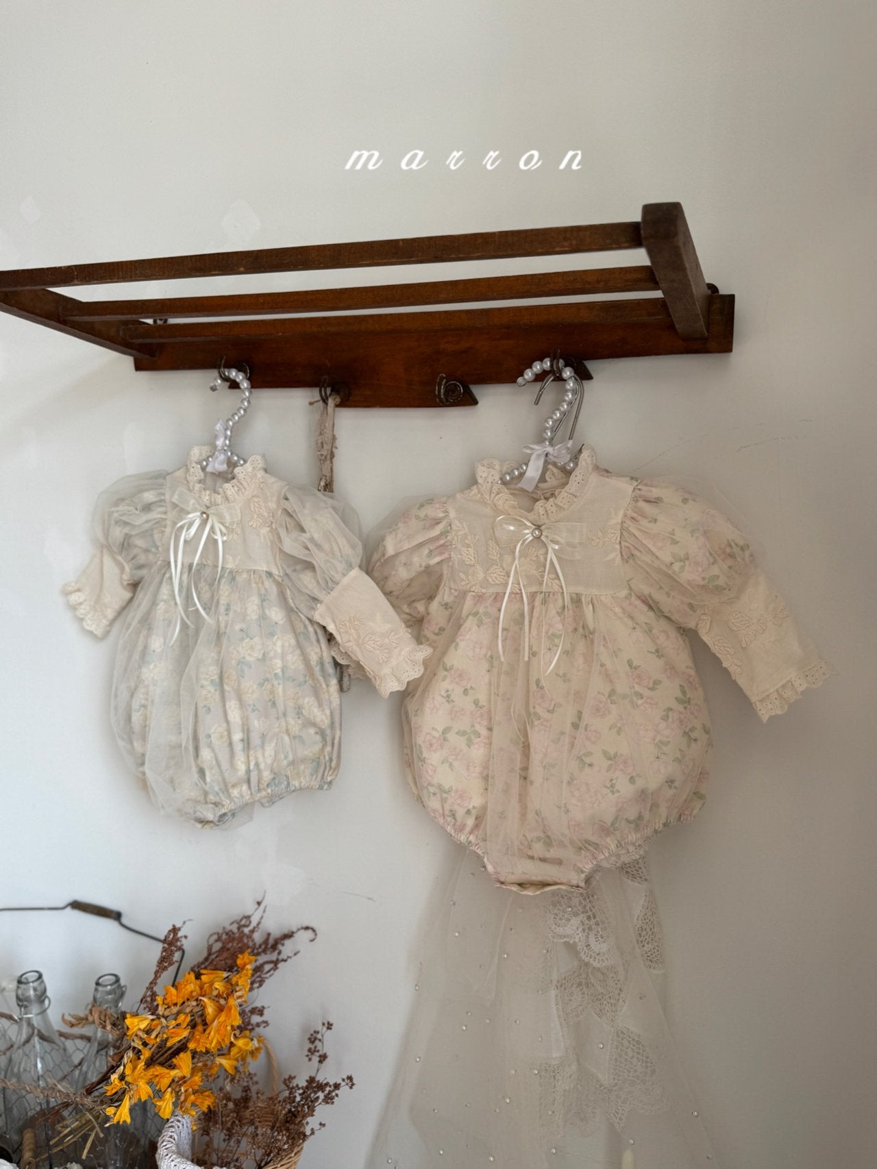 ［marron］Rosa organza puff rompers