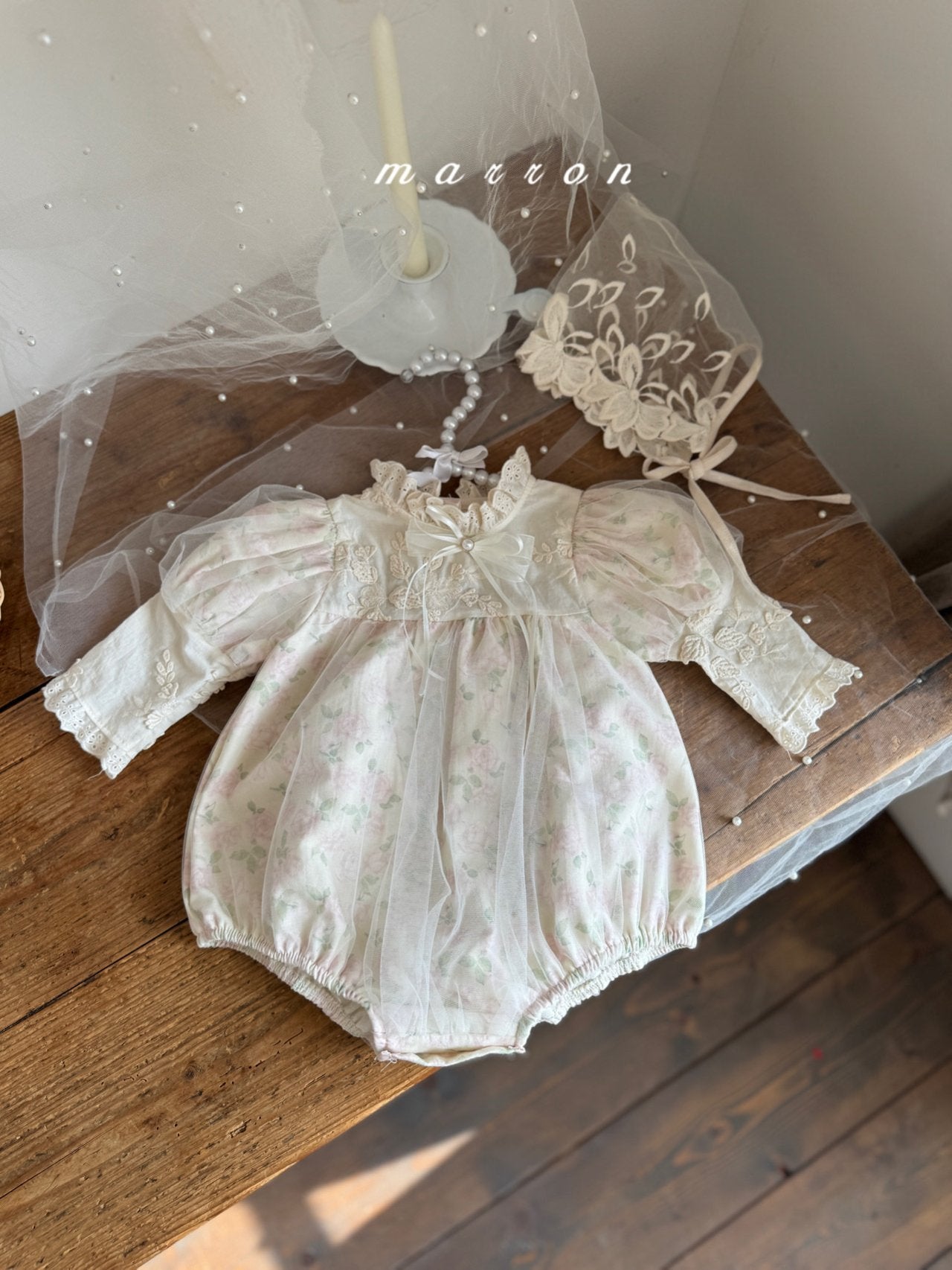 ［marron］Rosa organza puff rompers