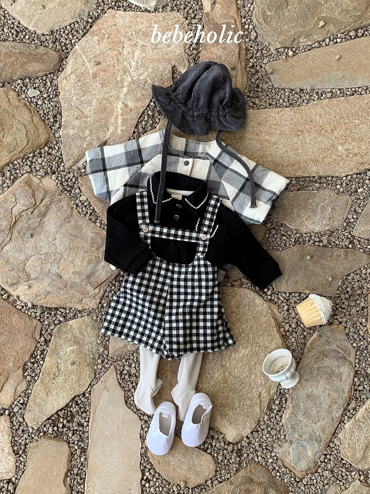 ［bebe holic］Aco check suspender pants